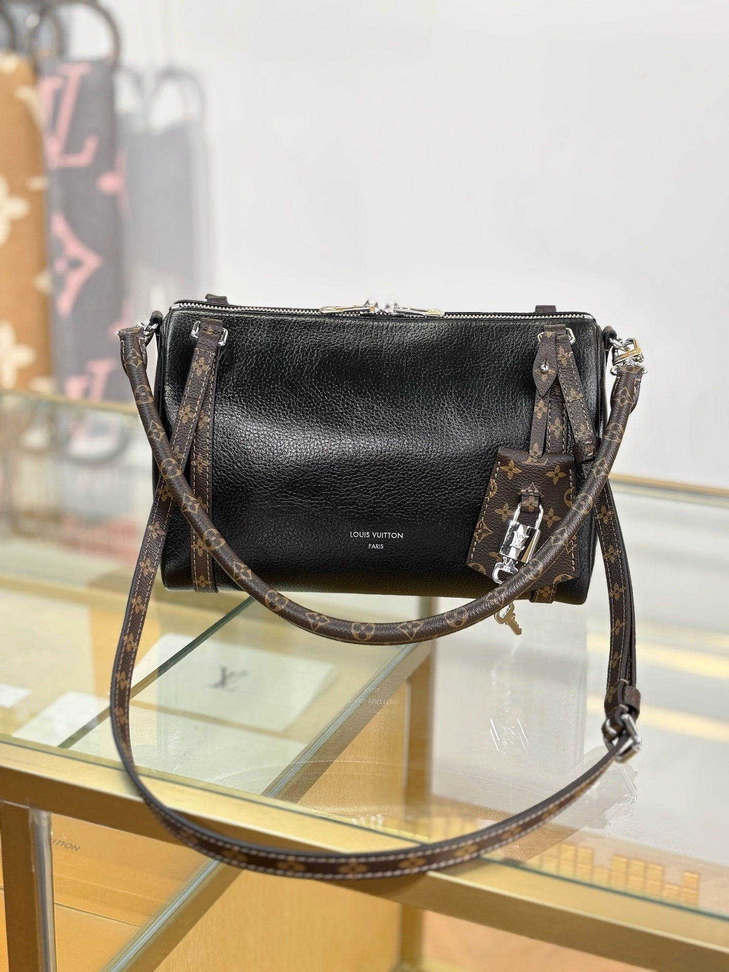 Louis Vuitton Express PM Handbag in Black Calfskin with Monogram Canvas Trim