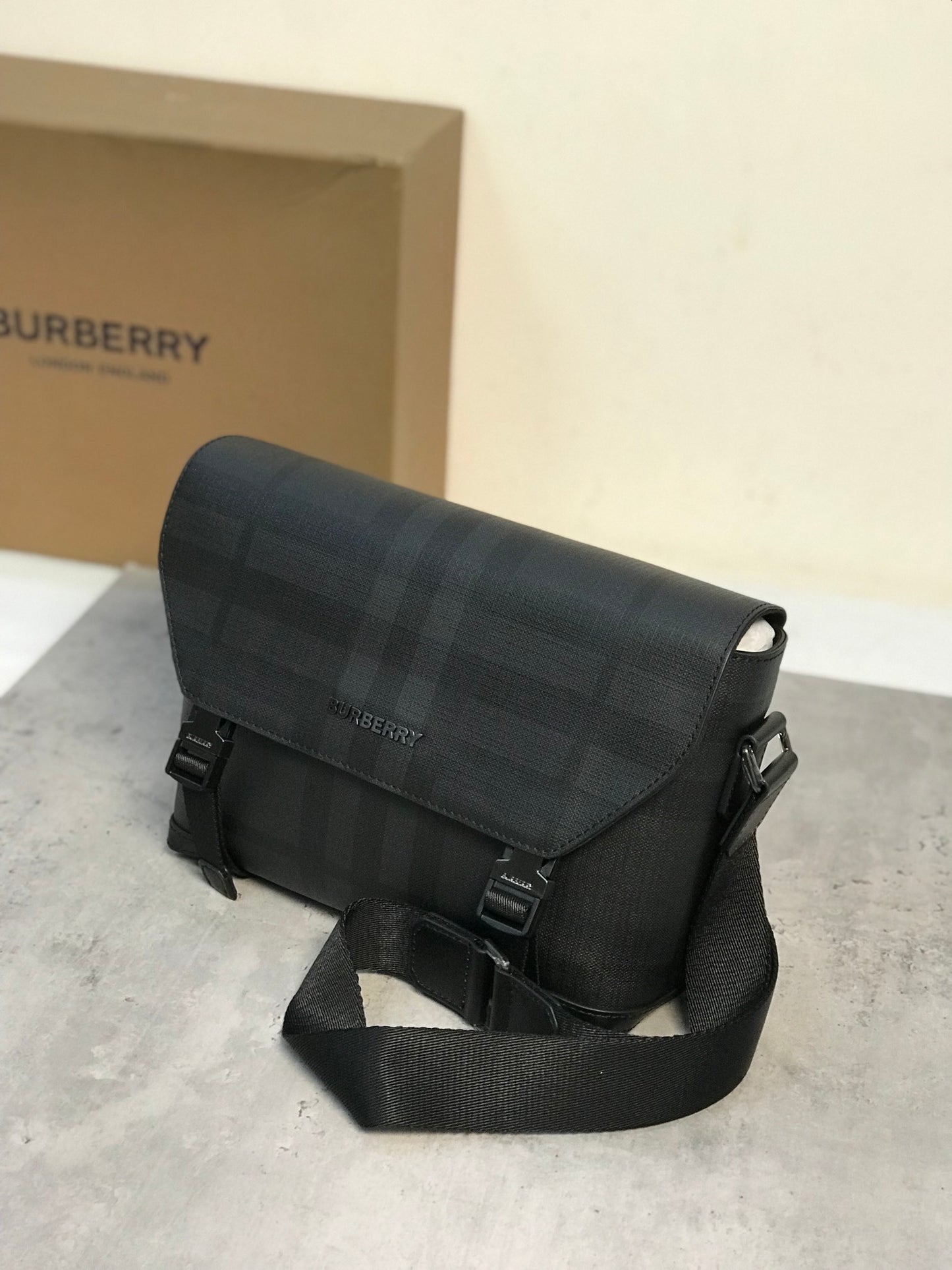 Burberry Black Charcoal Check Messenger Bag with Leather Trim