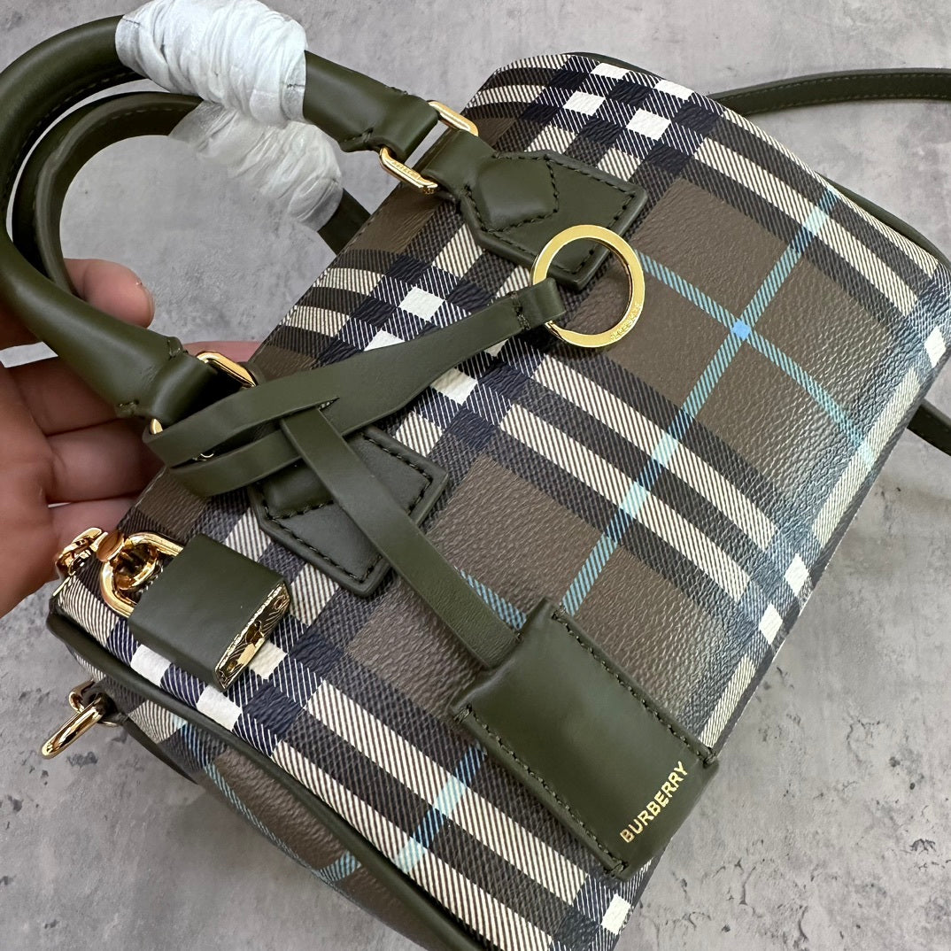 Burberry Bowling Bag in Olive Green Check Coated Cotton with Padlock Charm