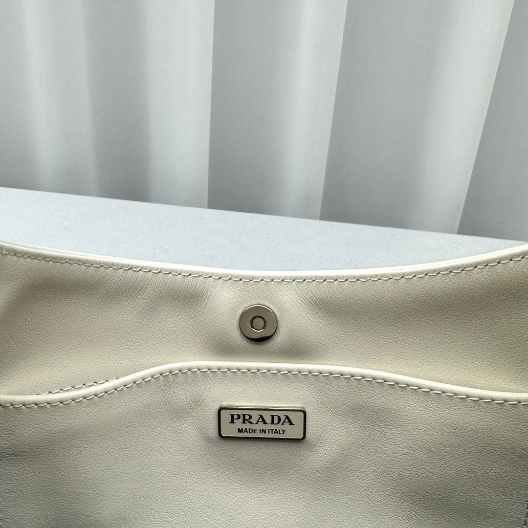 Prada Cleo Brushed Leather Shoulder Bag – White
