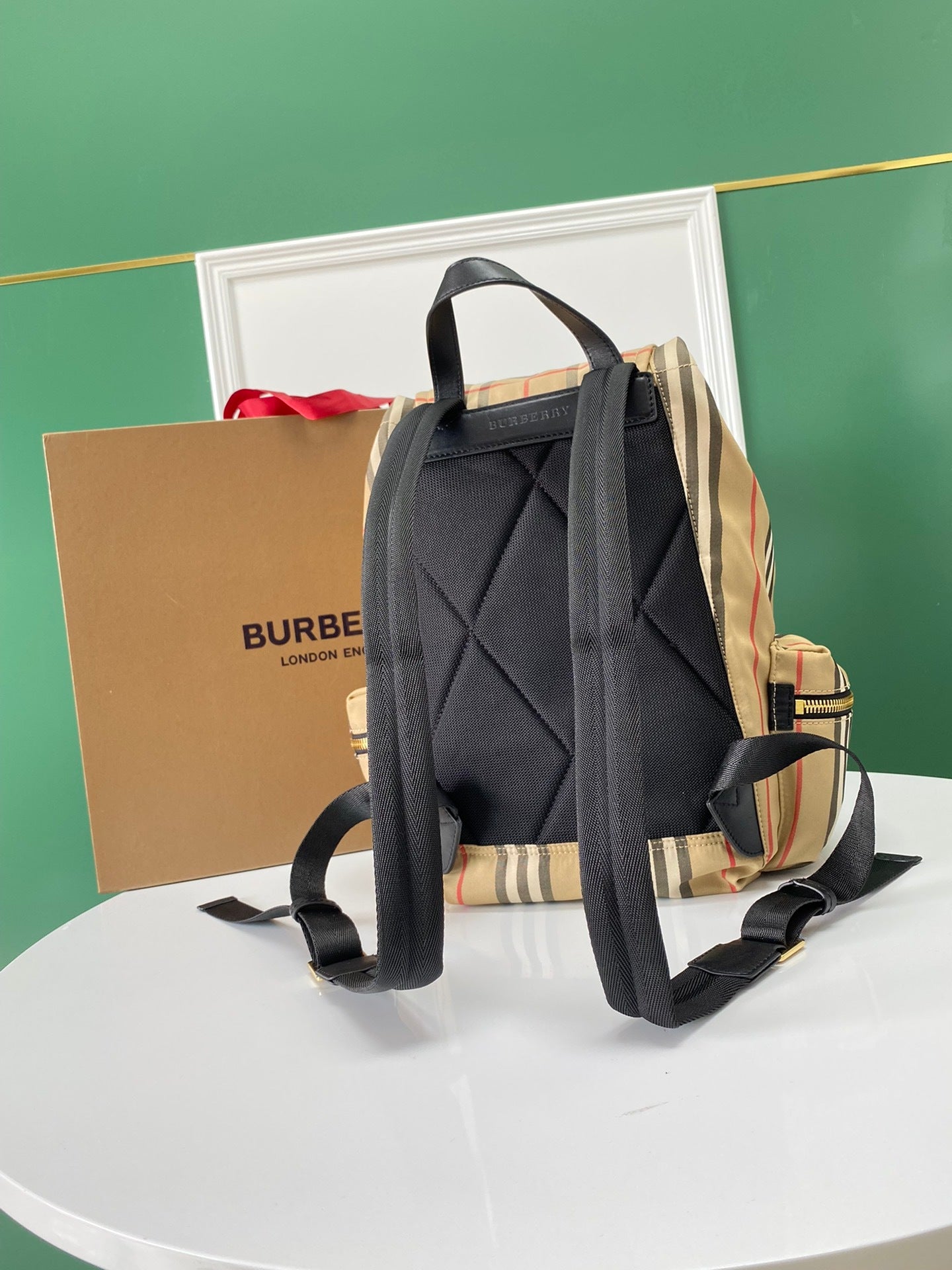Burberry Vintage Check Backpack with Leather Trim & Buckle Closures