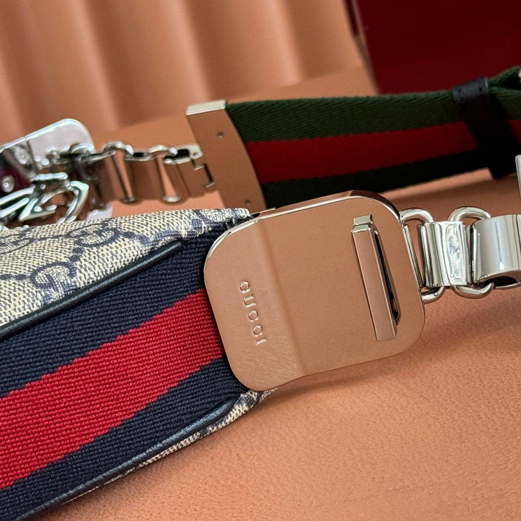 Gucci Attache Small Shoulder Bag in Beige GG Supreme Canvas with Blue Leather Trim