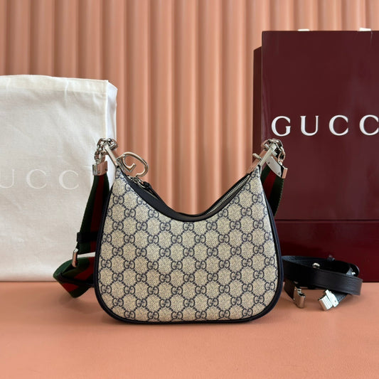Gucci Attache Small Shoulder Bag in Beige GG Supreme Canvas with Blue Leather Trim