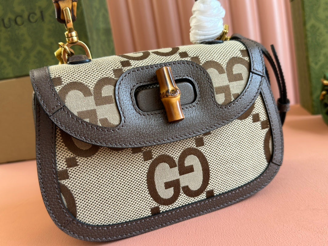 Gucci Small Jumbo GG Canvas Bamboo 1947 Top Handle Bag in Beige & Brown