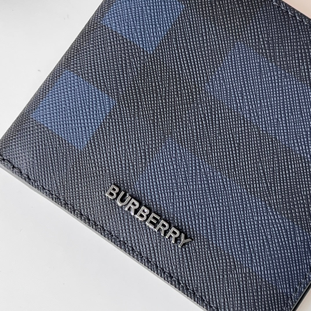 Burberry Men's Navy Textured Leather Bifold Wallet with Metal Logo
