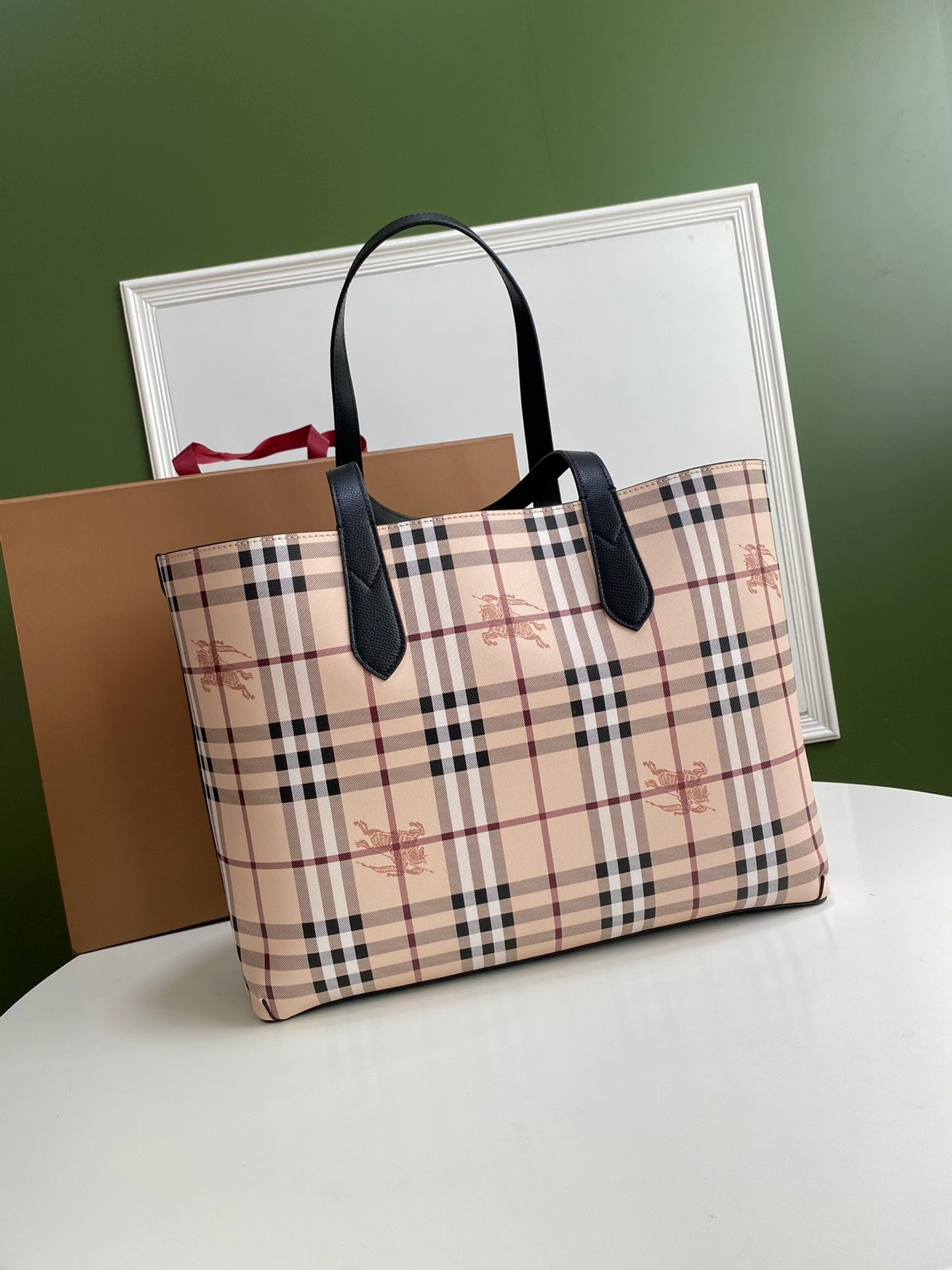 Burberry Reversible Haymarket Check Tote Bag with Black Leather Straps