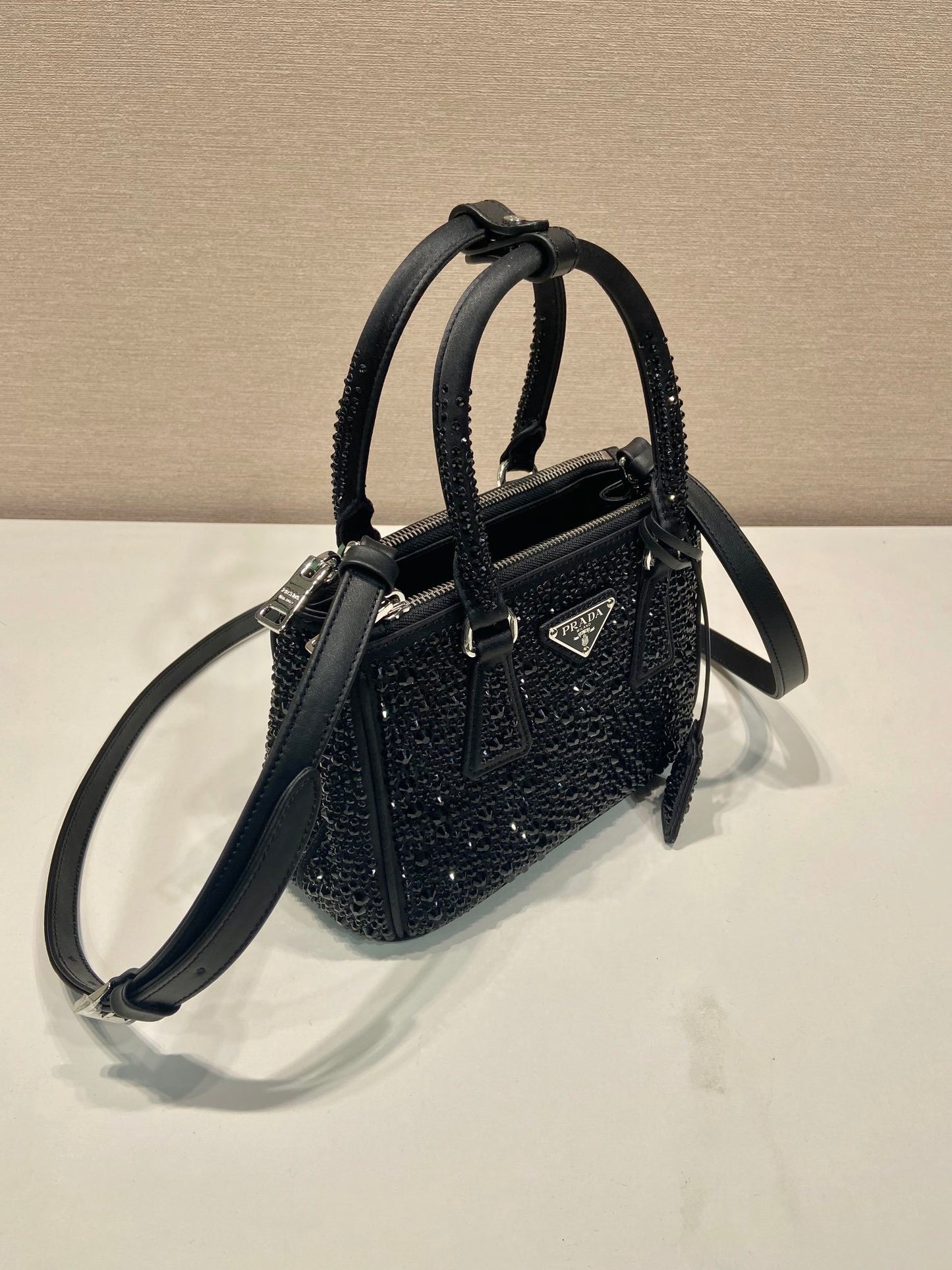 Prada Galleria Mini Satin Bag – Black with Crystals