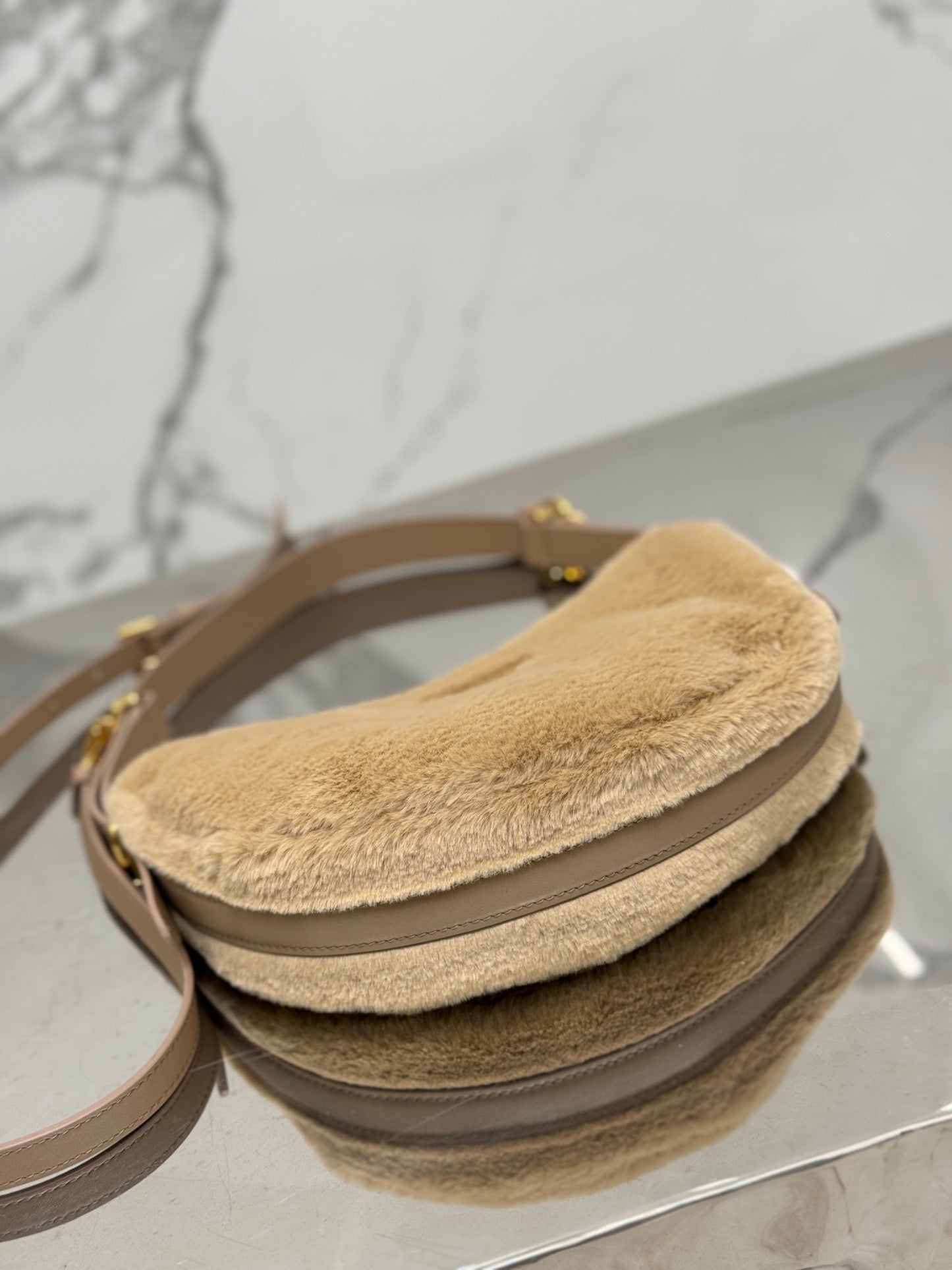 Prada Arqué Shearling Shoulder Bag – Leather Trim with Enamel Triangle Logo