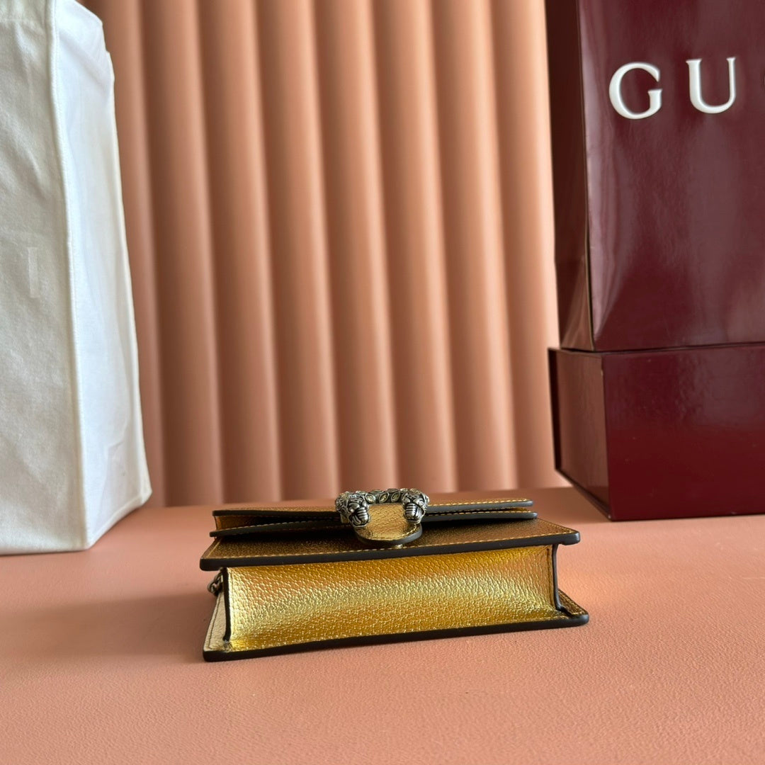 Gucci Dionysus Super Mini Gold Leather Bag with Crystal Tiger Head Closure