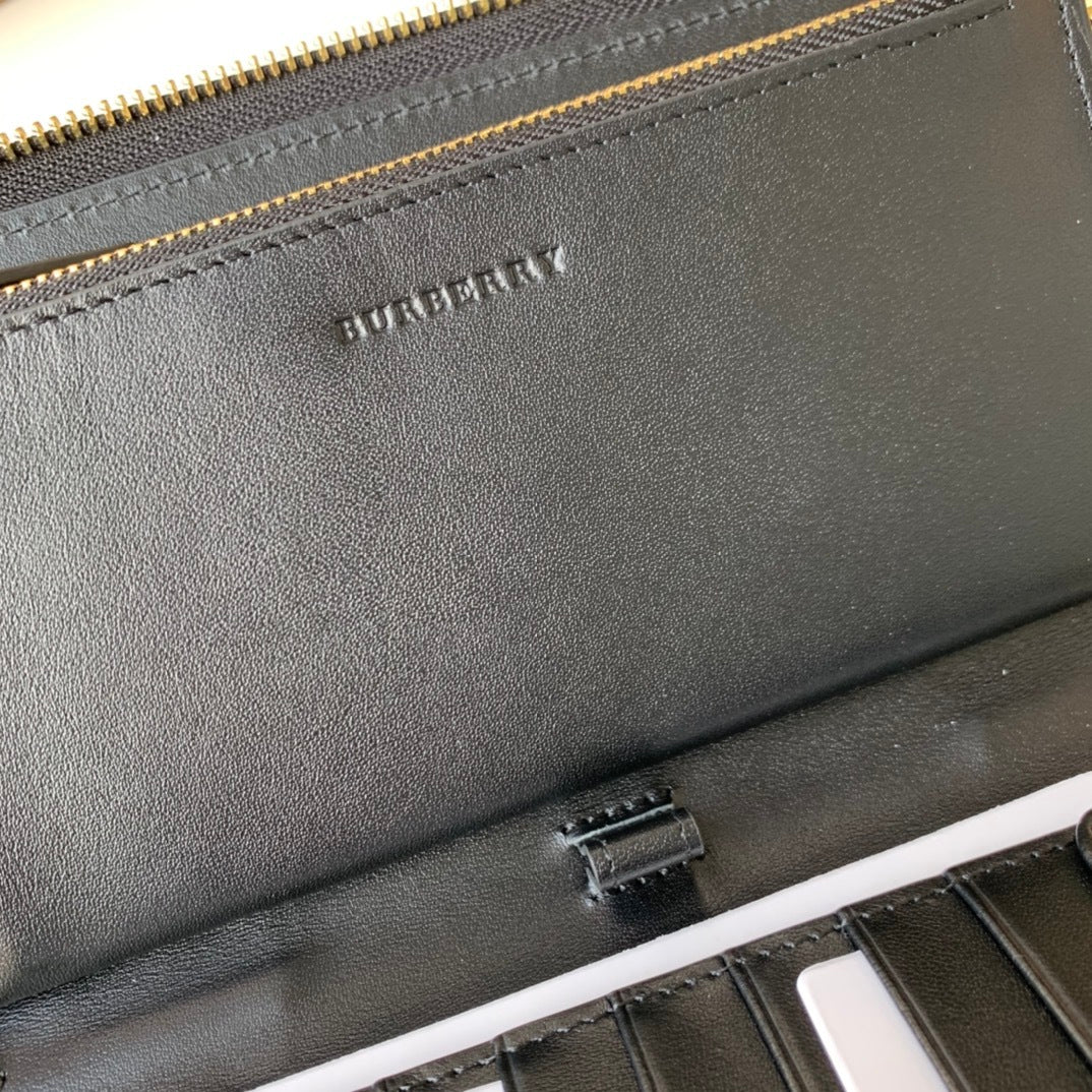 Burberry Logo Leather Continental Wallet in Black Calfskin with Check Side Panel
