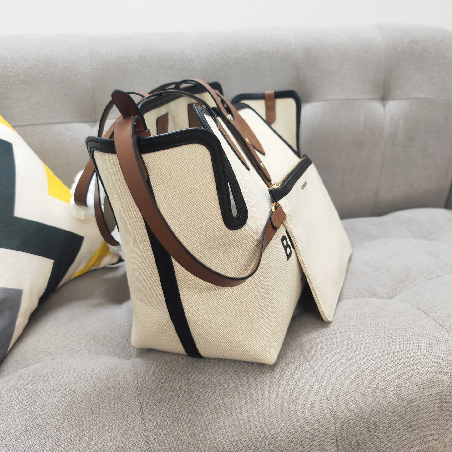 Burberry Medium Horseferry Canvas Tote Bag with Tan Leather Trim