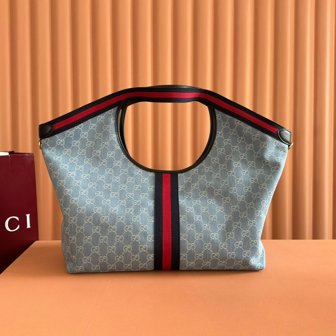Gucci Giglio Large Tote Bag in Blue and White GG Denim with Web Trim