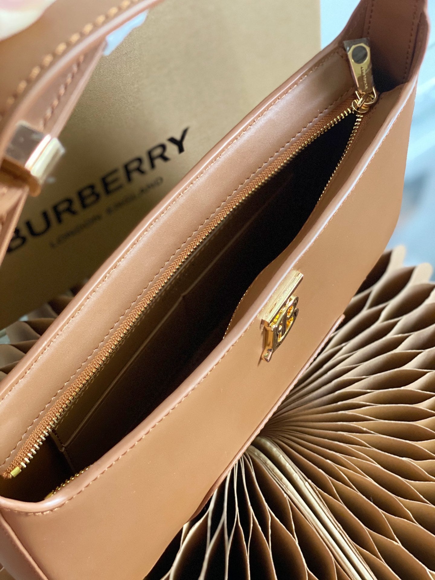 Burberry TB Brown Leather Shoulder Bag with Gold Monogram Logo