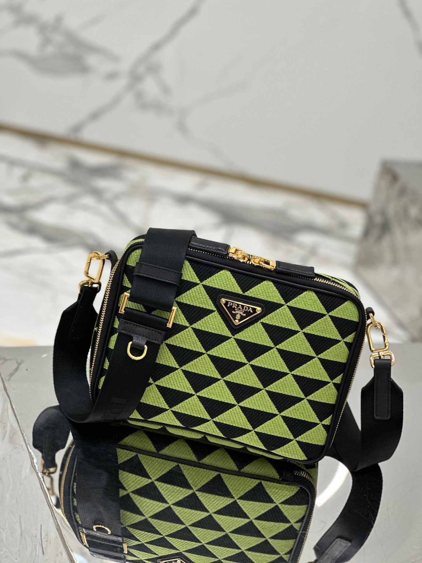 Prada Symbole Embroidered Fabric Shoulder Bag – Black & Ivy Green with Gold-Tone Hardware