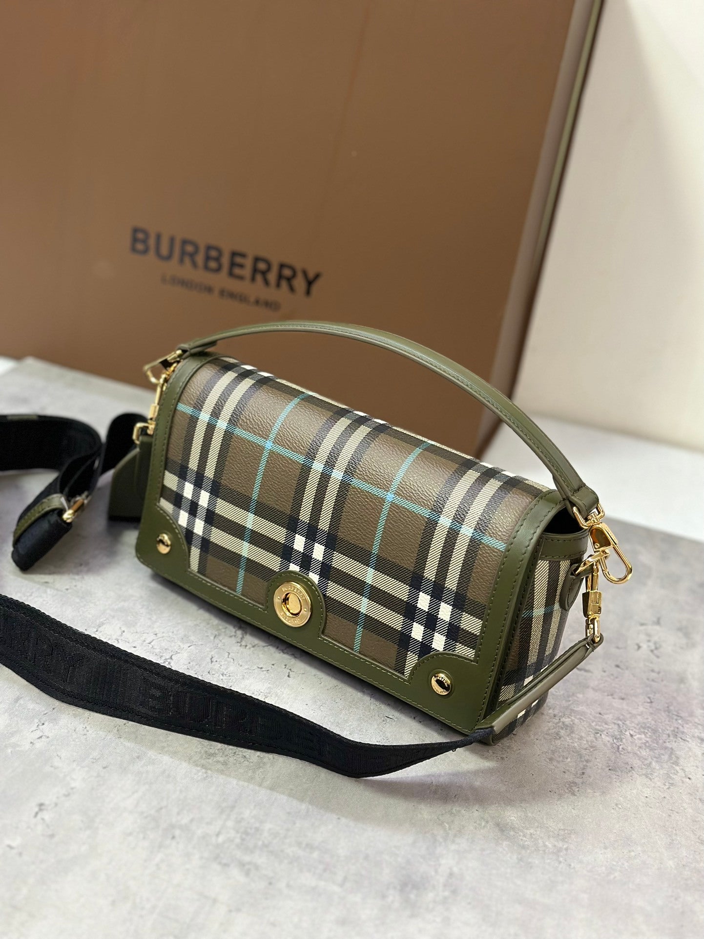 Burberry Women's Note Small Check Crossbody Bag in Olive Green Plaid