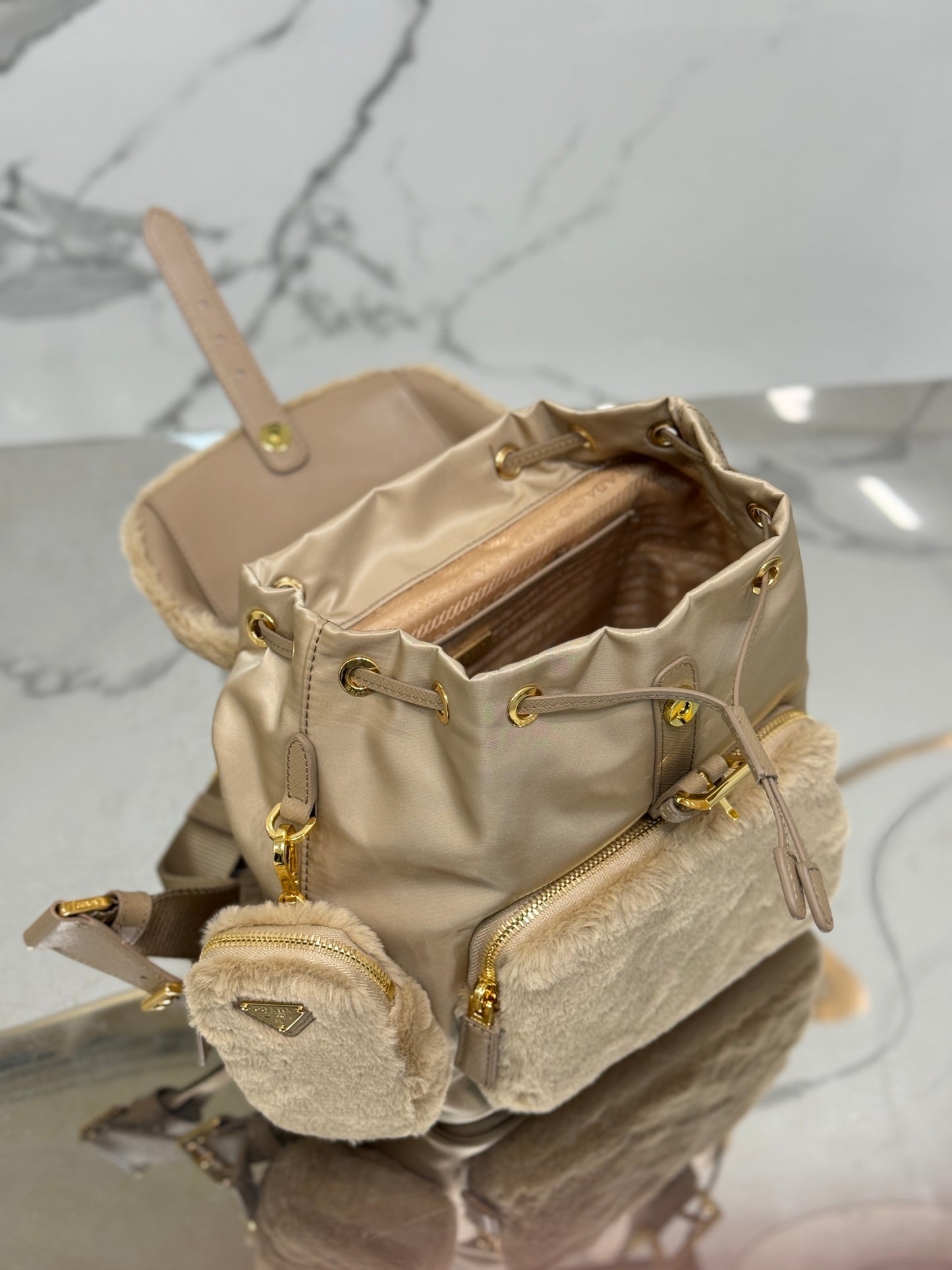 Prada Re-Nylon & Shearling Backpack – Beige