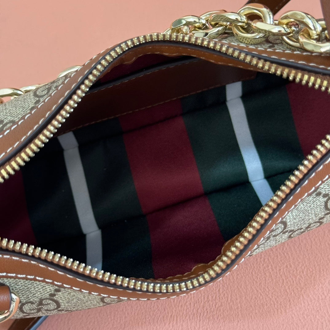 Gucci GG Emblem Small Shoulder Bag in Beige & Dark Brown Monogram with Brown Leather Trim