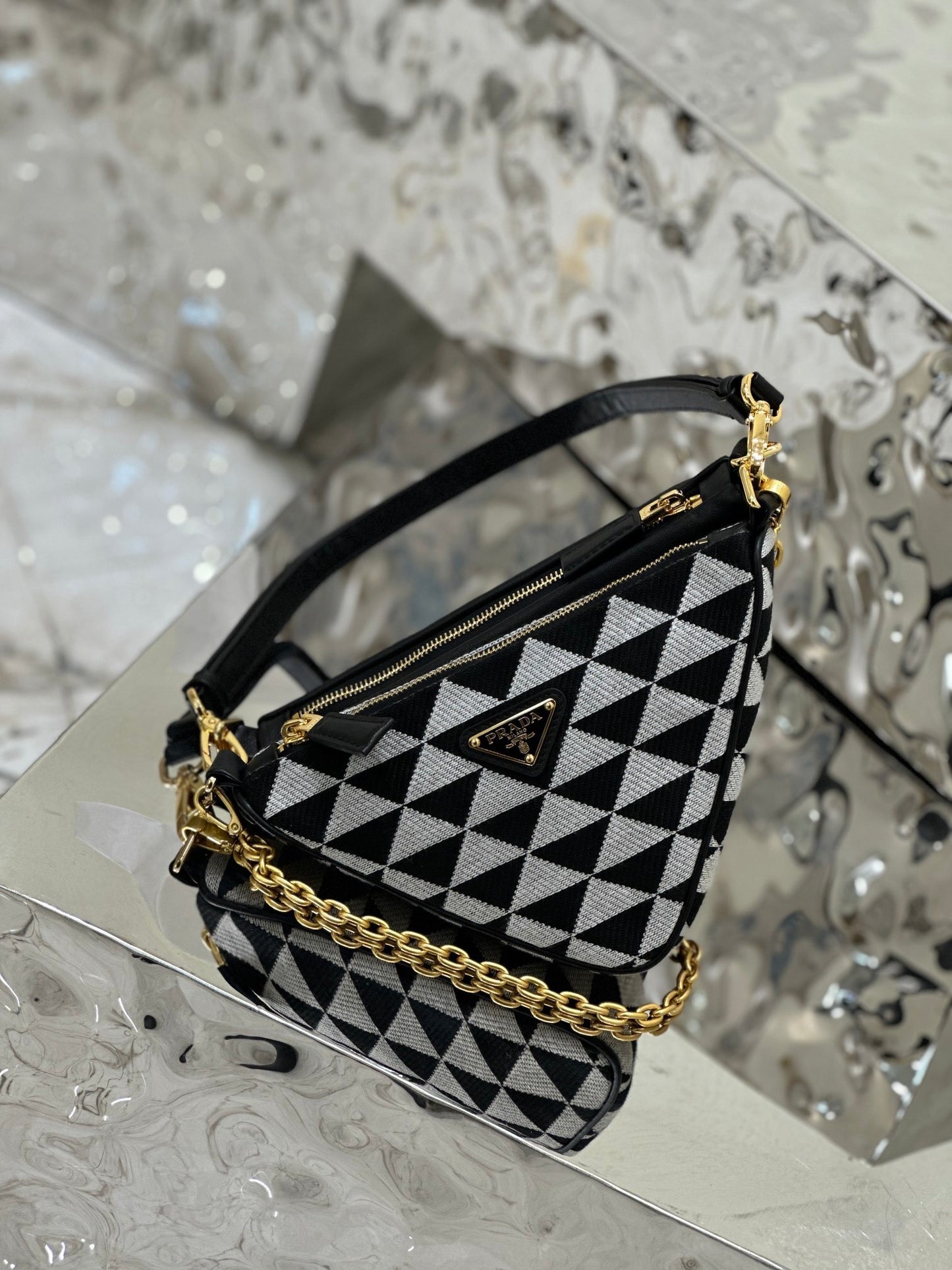 Prada Symbole Mini Jacquard Bag with Geometric Pattern and Chain Handle