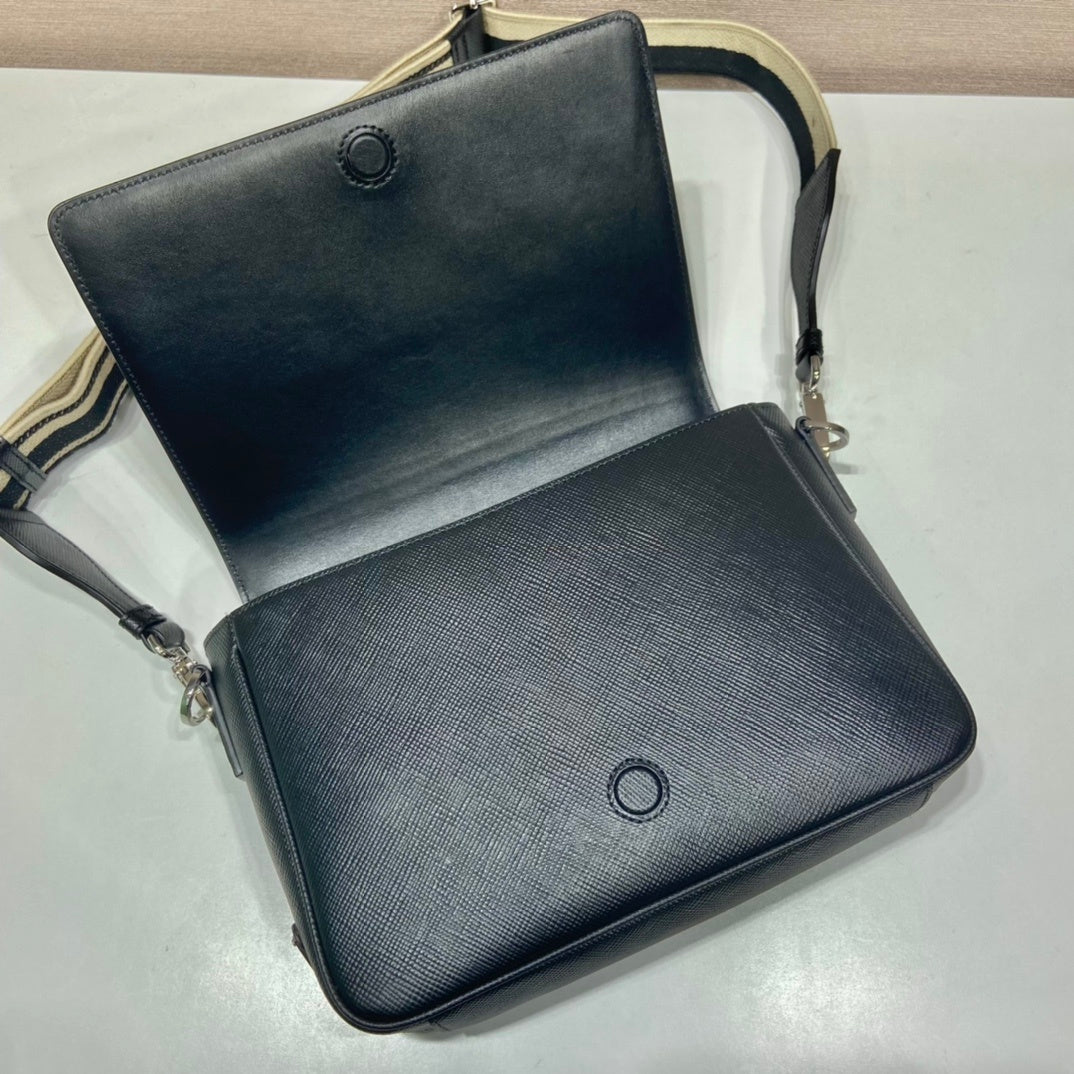 Prada Black Saffiano Leather Shoulder Bag with Detachable Woven Strap