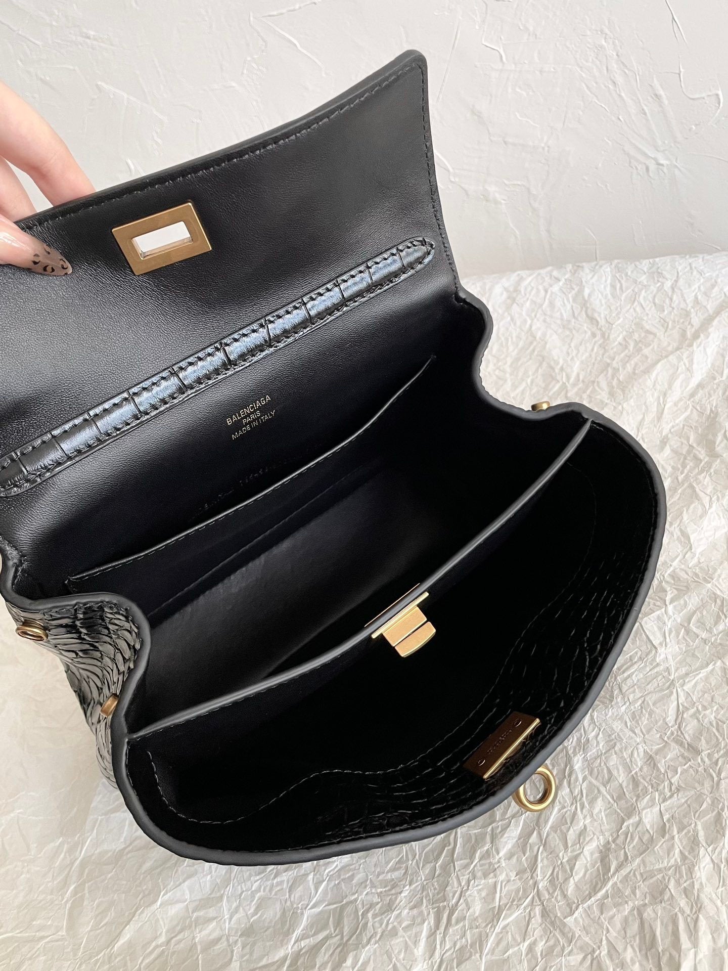 Balenciaga Rodeo Crocodile-Embossed Black Leather Handbag