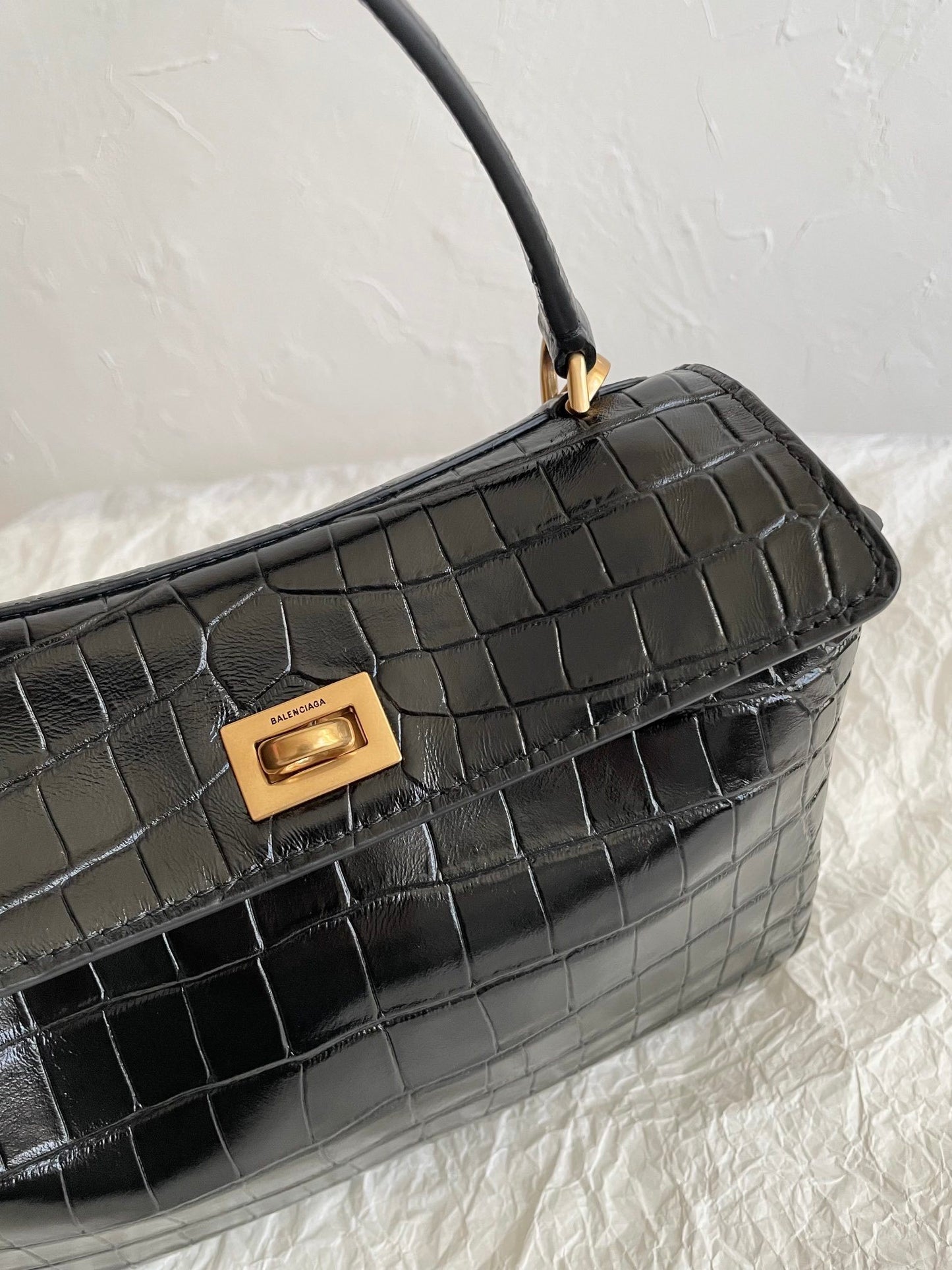 Balenciaga Rodeo Crocodile-Embossed Black Leather Handbag