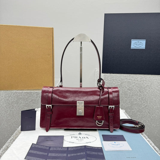 Prada Bonnie Medium Leather Handbag in Red / Burgundy