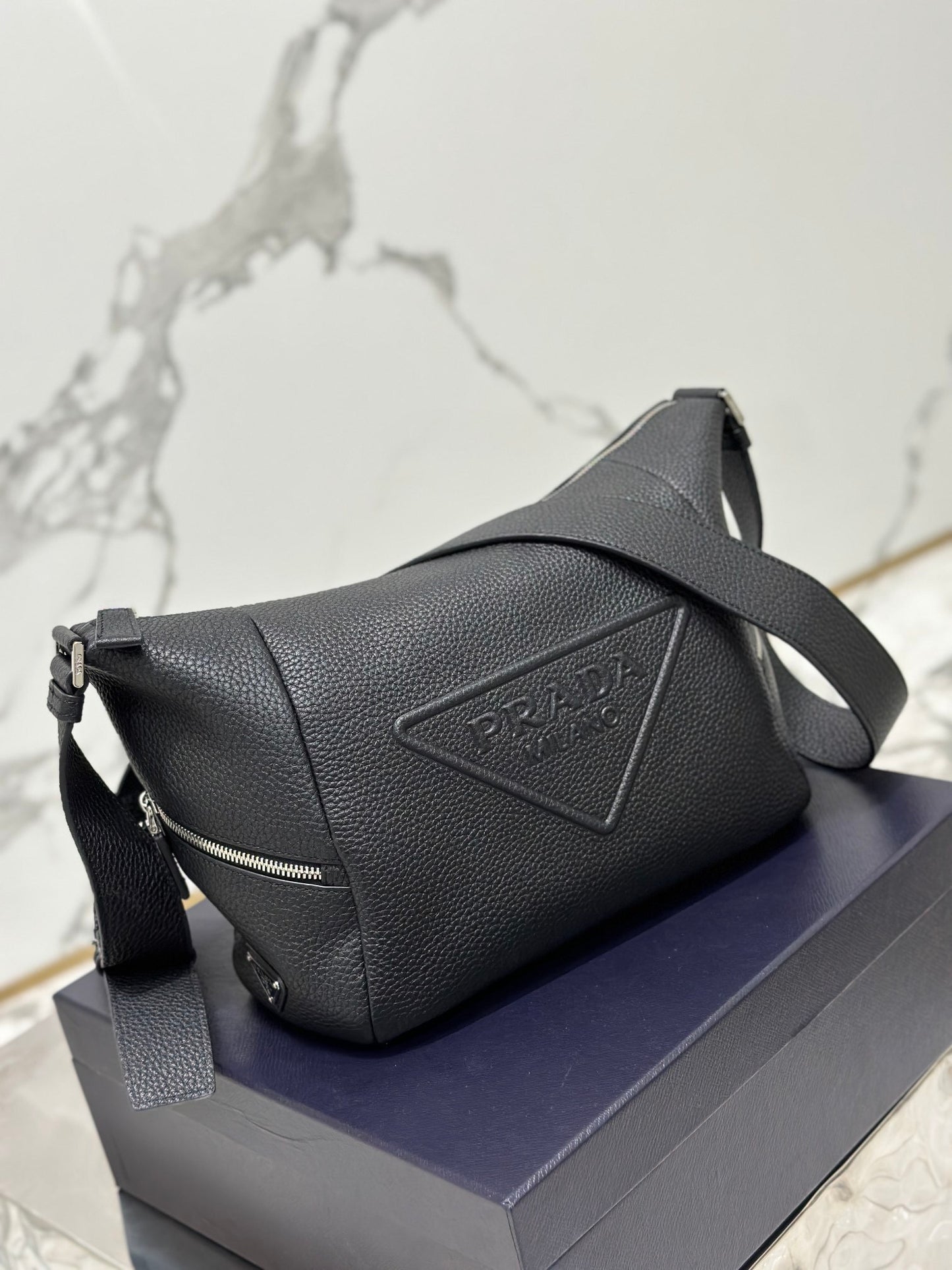 Prada Black Leather Debossed Logo Crossbody Bag