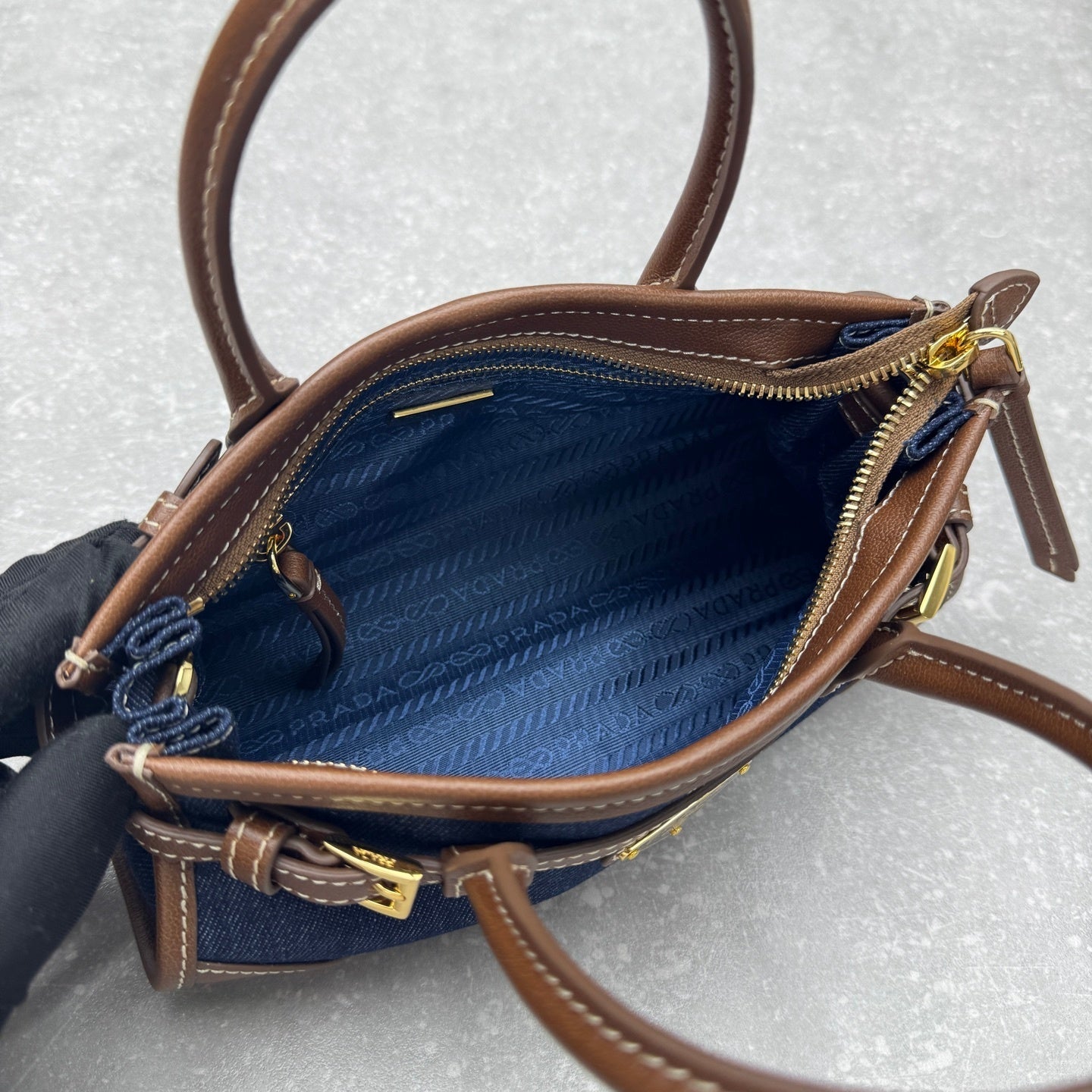 Prada Bonnie Medium Denim Handbag with Brown Leather Trim