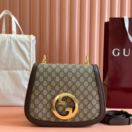 Gucci Blondie Medium Shoulder Bag in GG Monogram Canvas with Brown Leather Trim