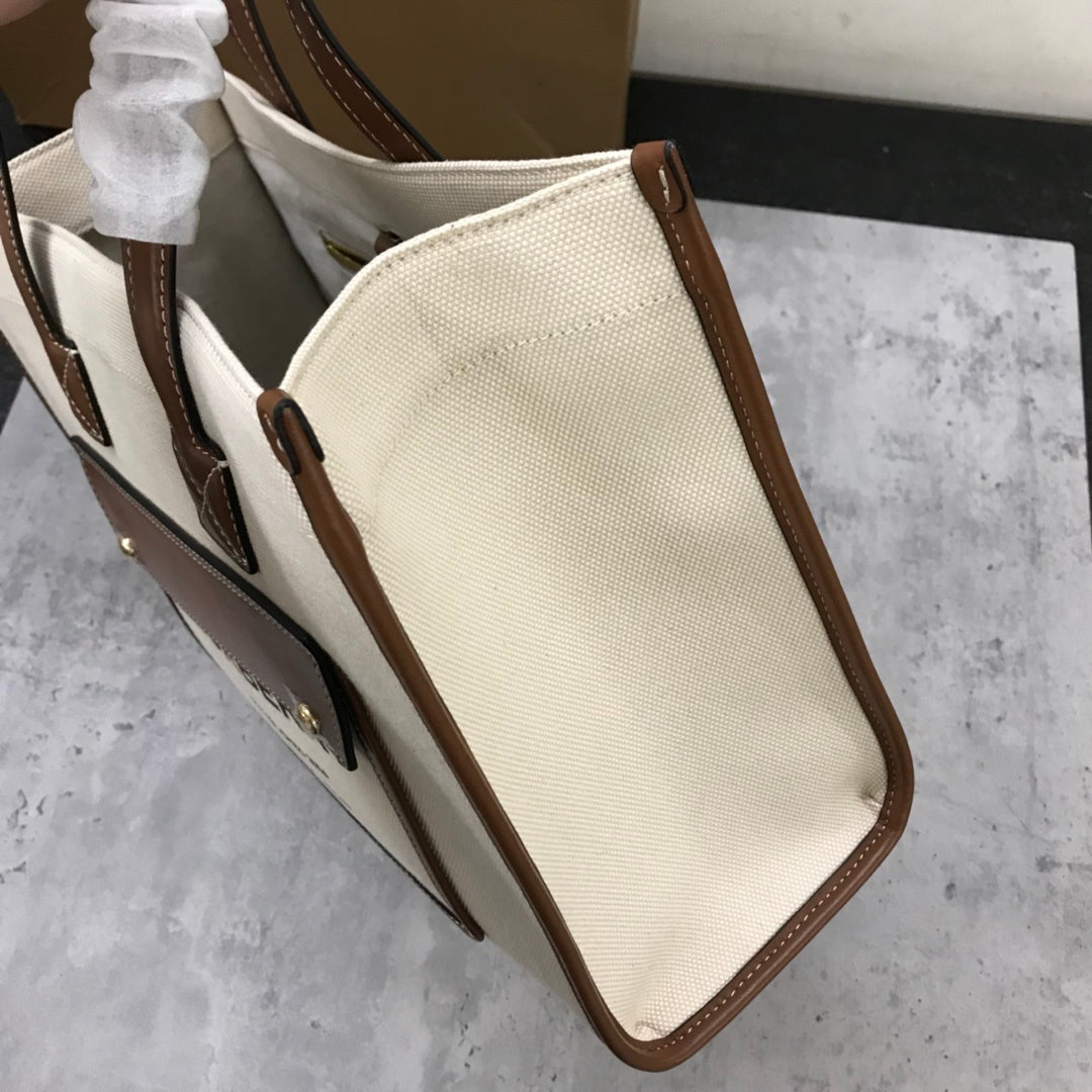 Burberry Freya Tote Bag Natural Canvas with Leather Topstitching