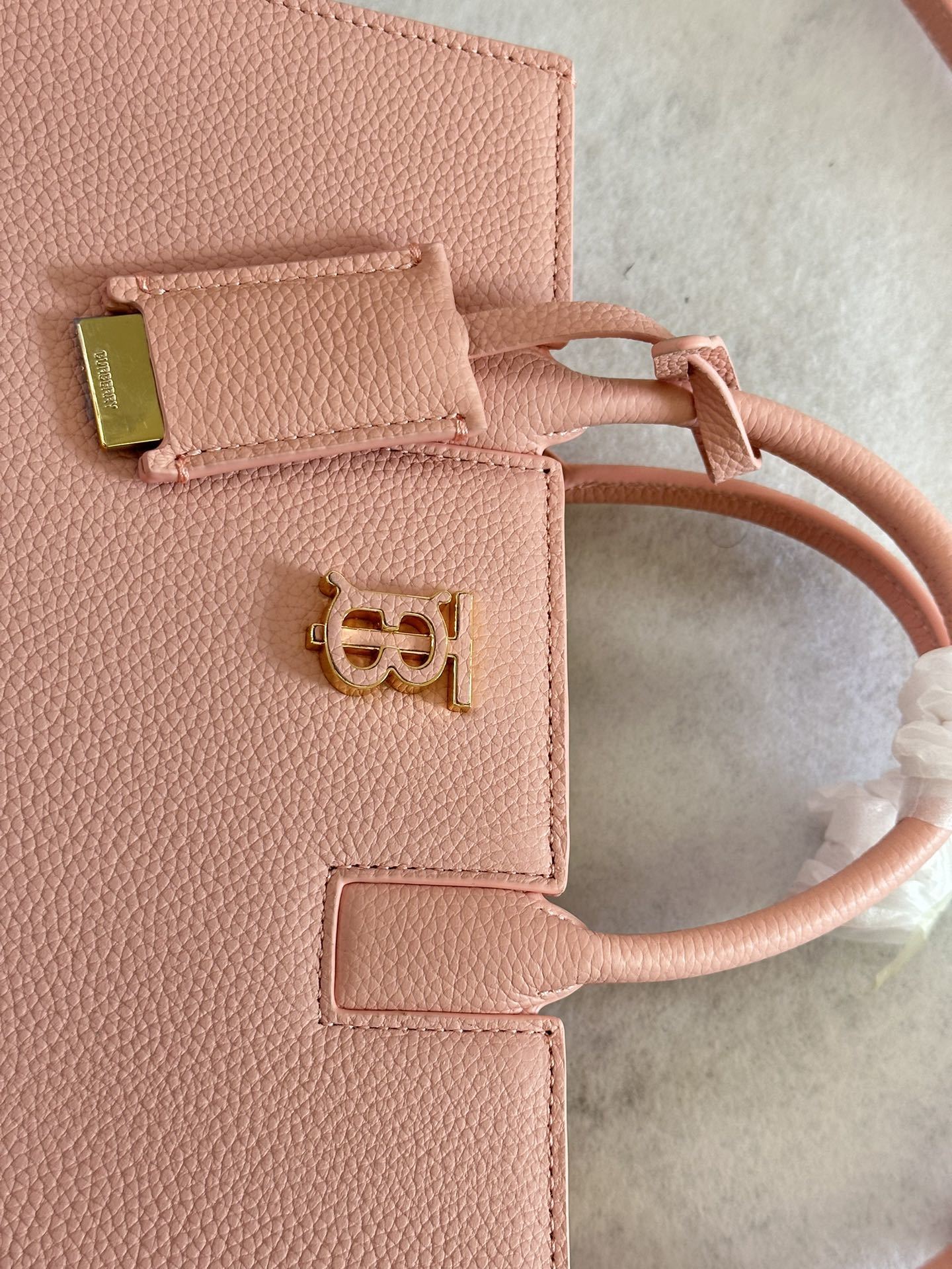 This is a Burberry Mini Frances Bag in dusky pink grainy leather, featuring the Thomas Burberry monogram in gold-tone hardware.