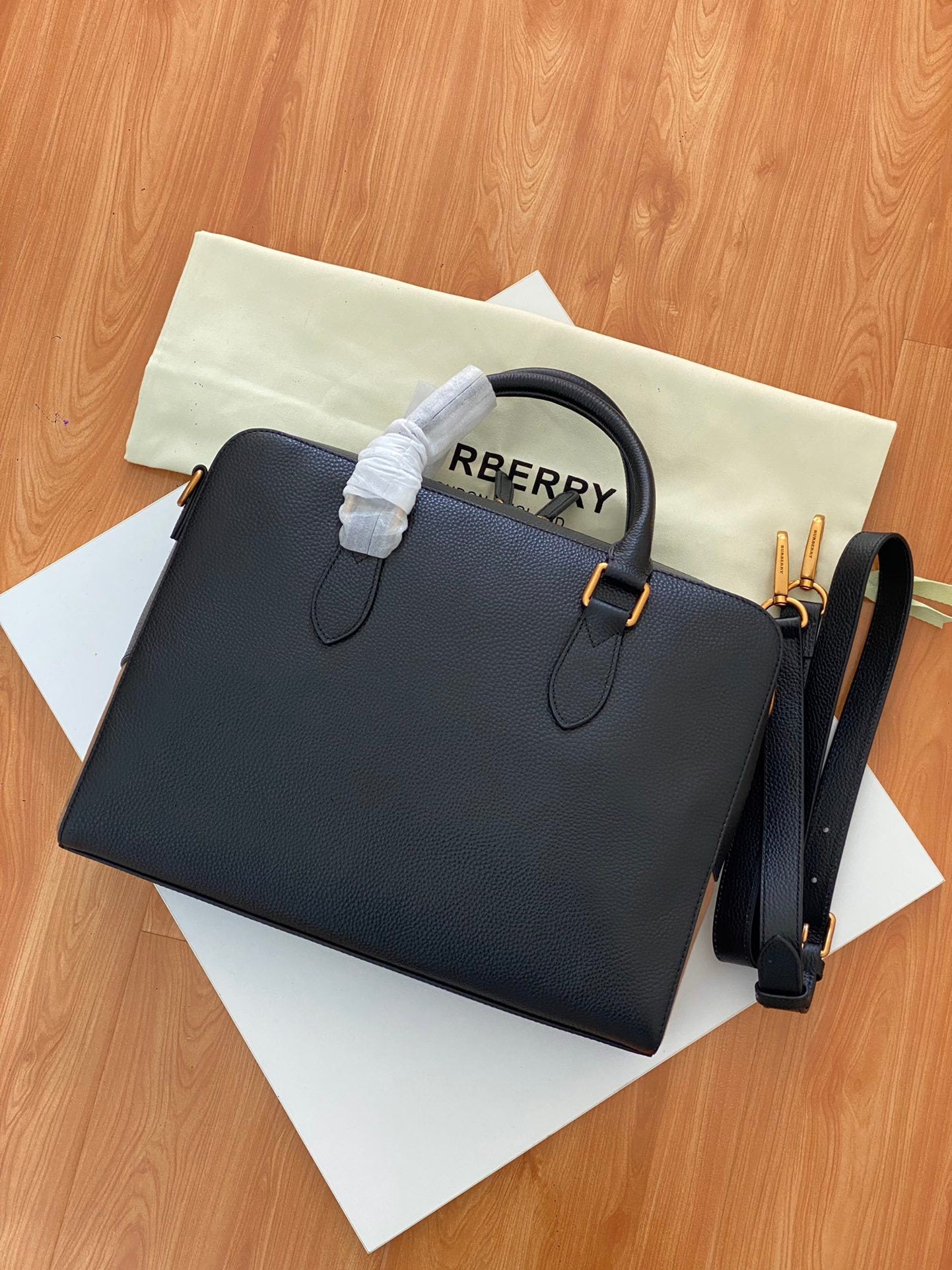 Burberry Black Grain Leather Briefcase with Gold Hardware