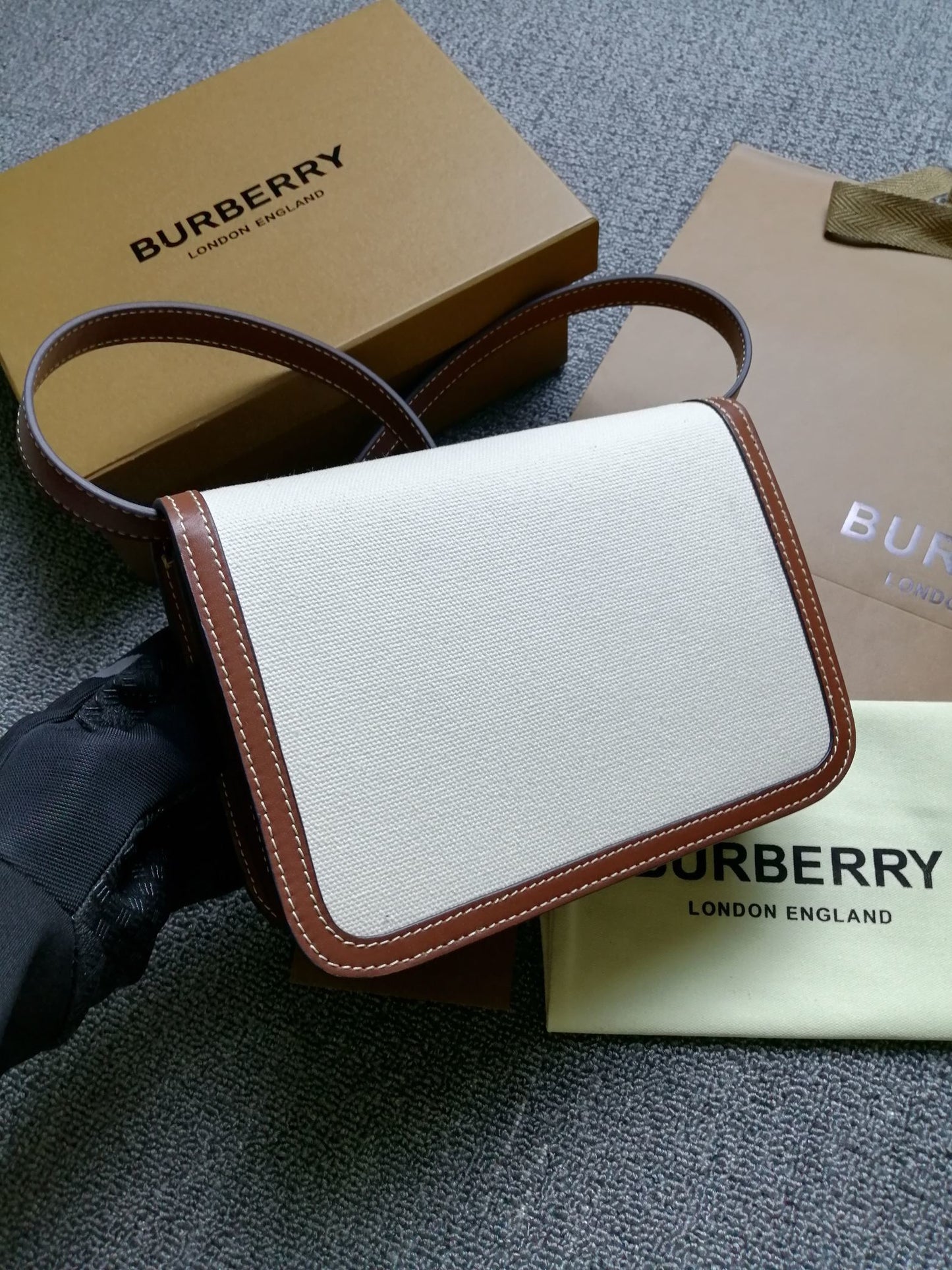 Burberry Small Two-Tone Canvas & Leather TB Bag with Gold Monogram Clasp