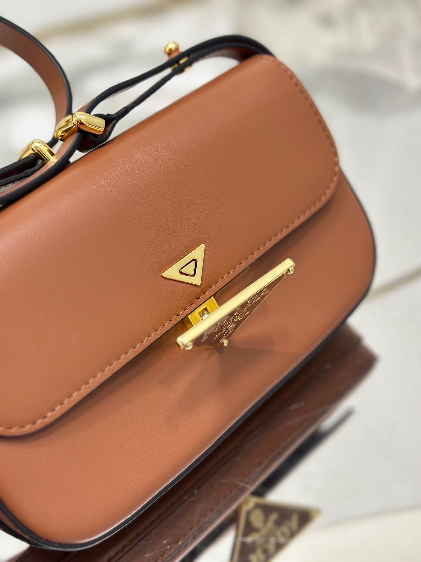 Prada Soft Calfskin Flap Shoulder Bag – Cognac with Metal Triangle Logo