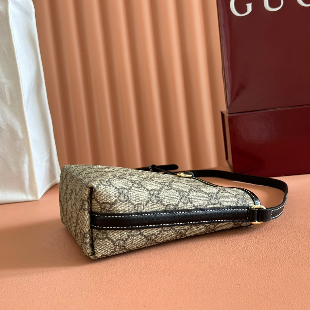 Gucci GG Emblem Nano Bucket Bag in Beige & Dark Brown Monogram with Black Leather Trim