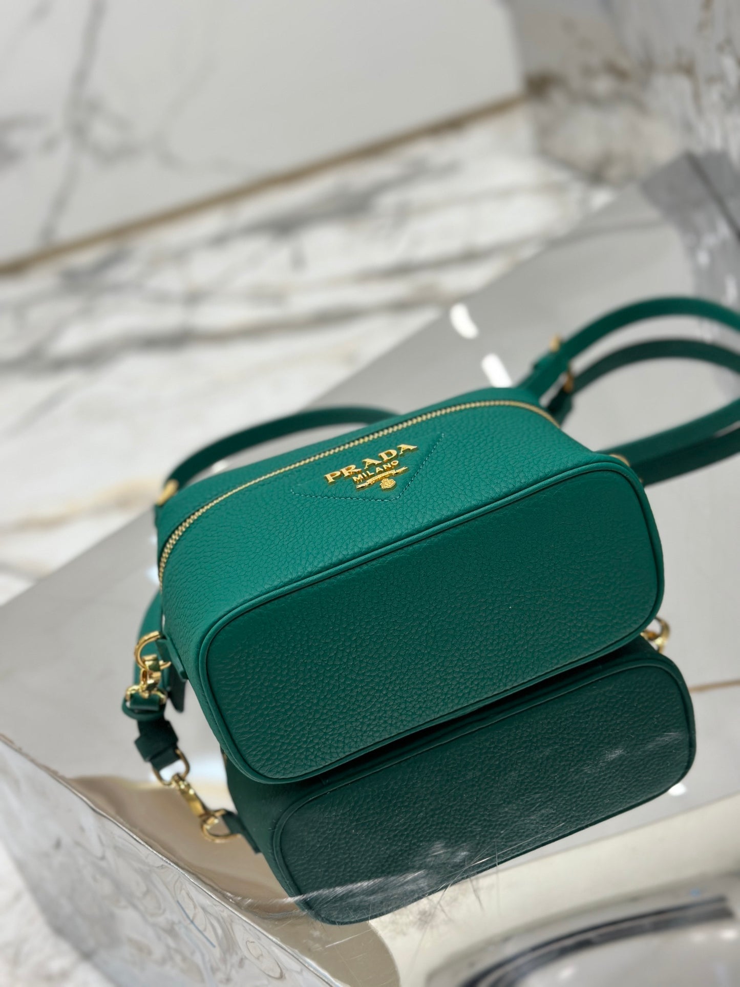 Prada Convertible Top Handle Vanity Shoulder Bag in Green Leather – Elegant Designer Bag