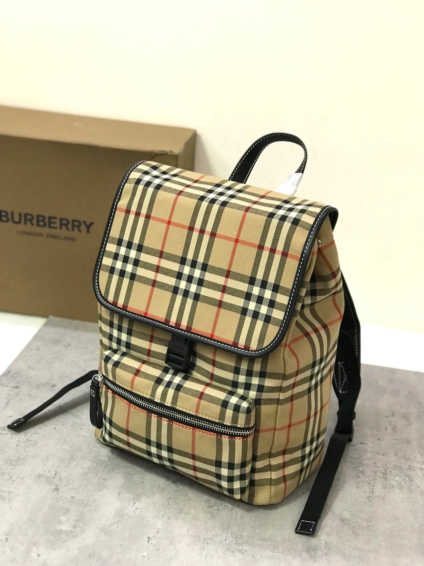 Burberry Vintage Check Backpack in Archive Beige with Leather Trim