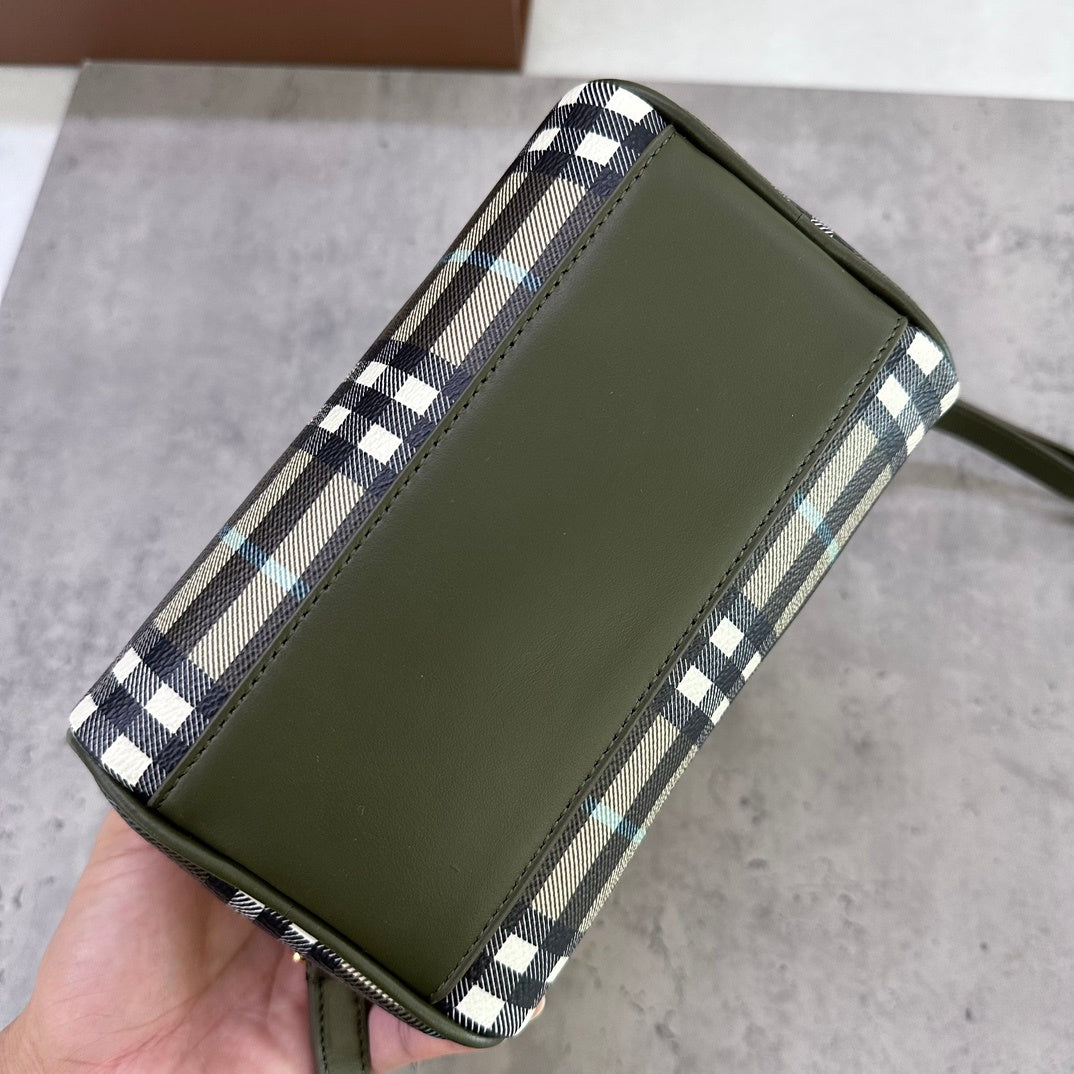Burberry Bowling Bag in Olive Green Check Coated Cotton with Padlock Charm