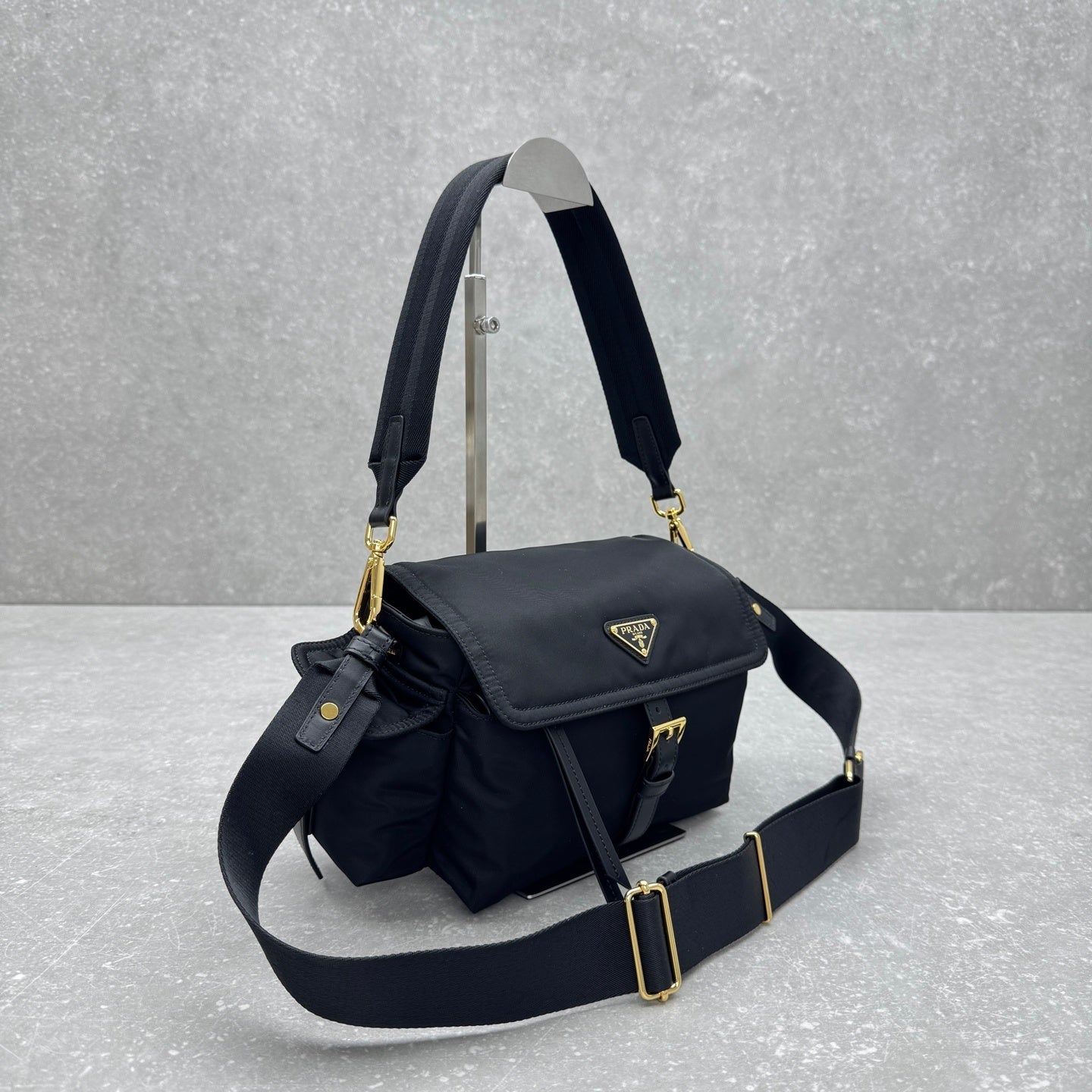 Prada Explore Medium Re-Nylon Black Shoulder Bag with Leather Trim