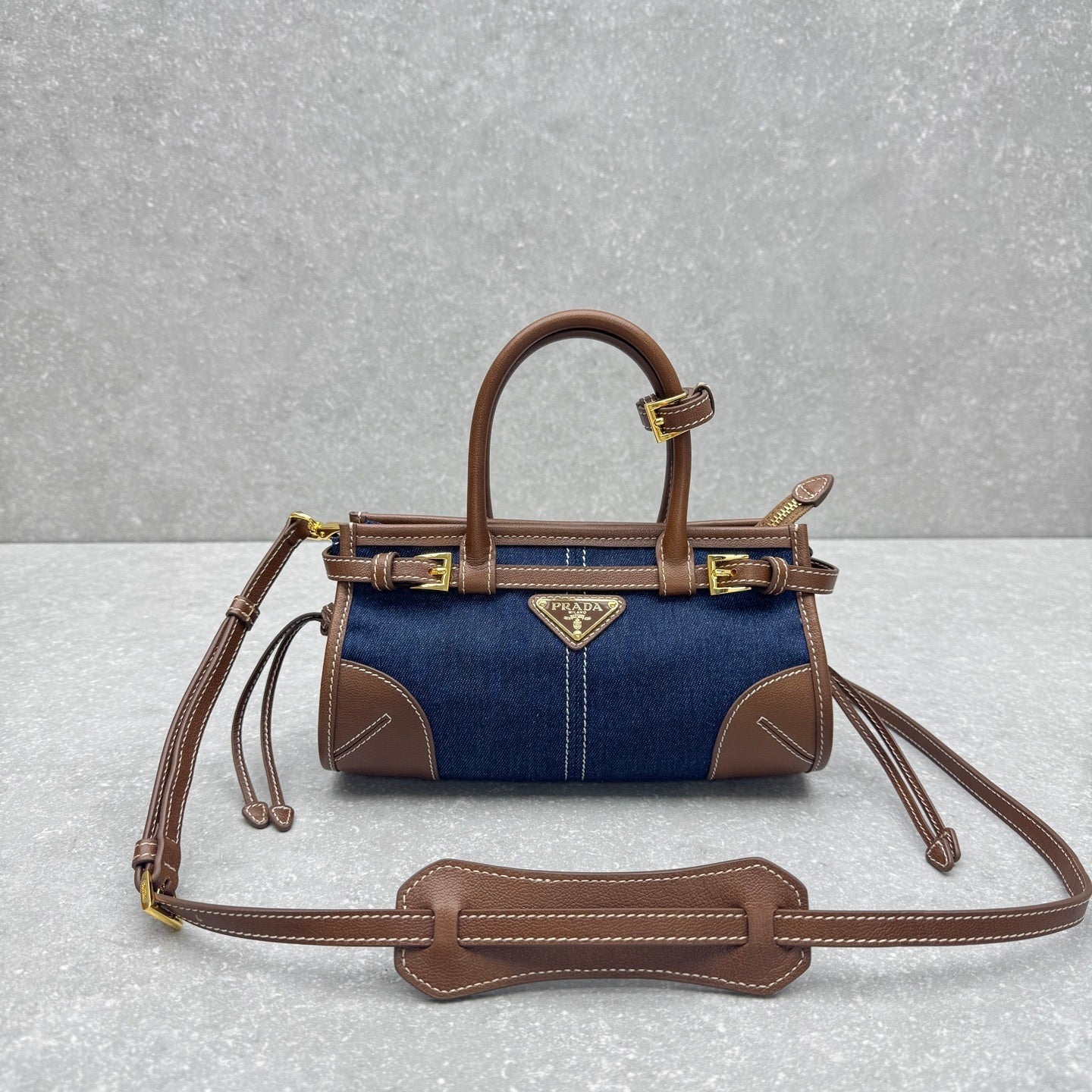 Prada Bonnie Medium Denim Handbag with Brown Leather Trim