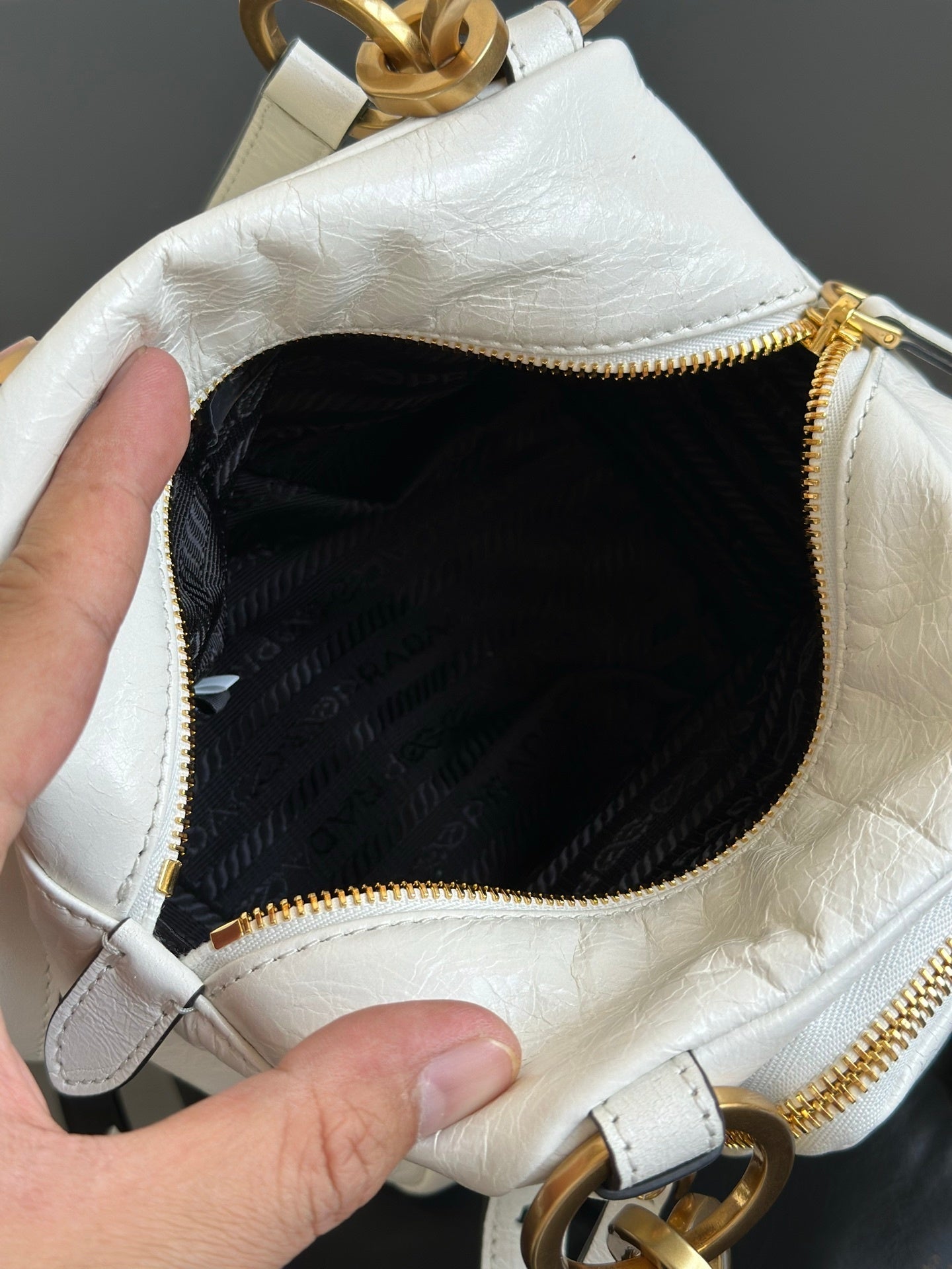 Prada Dangle Mini White Distressed Leather Top-Handle Bag