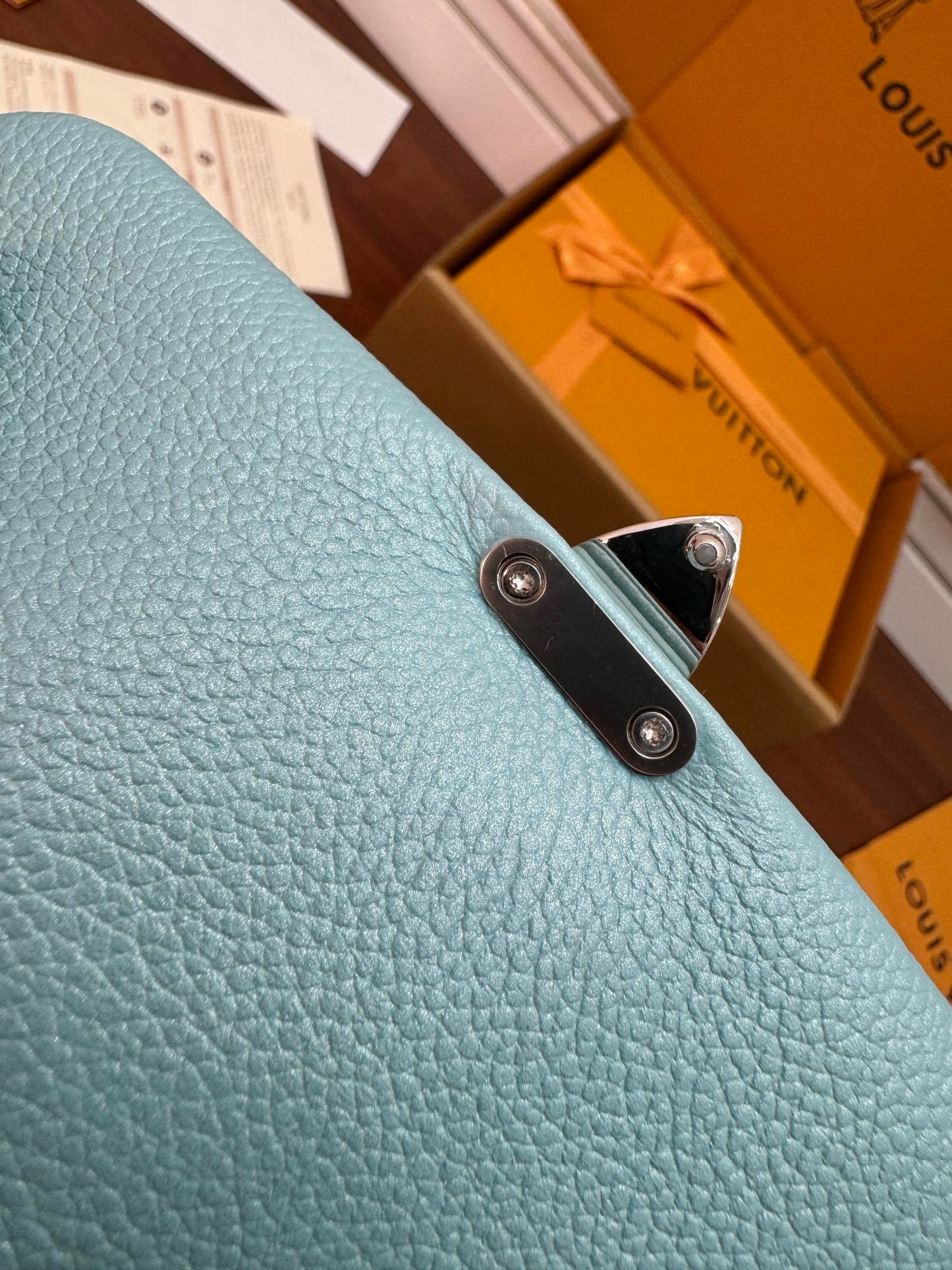 Louis Vuitton Nano Madeleine bag in the Azur Frost color in Monogram Empreinte leather.