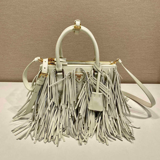 Prada Small Galleria White Tote Bag with Fringe Detailing