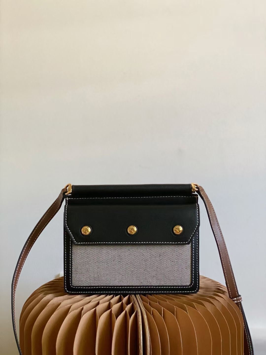 Burberry Mini Title Bag in Horseferry Print Canvas & Malt Brown Leather