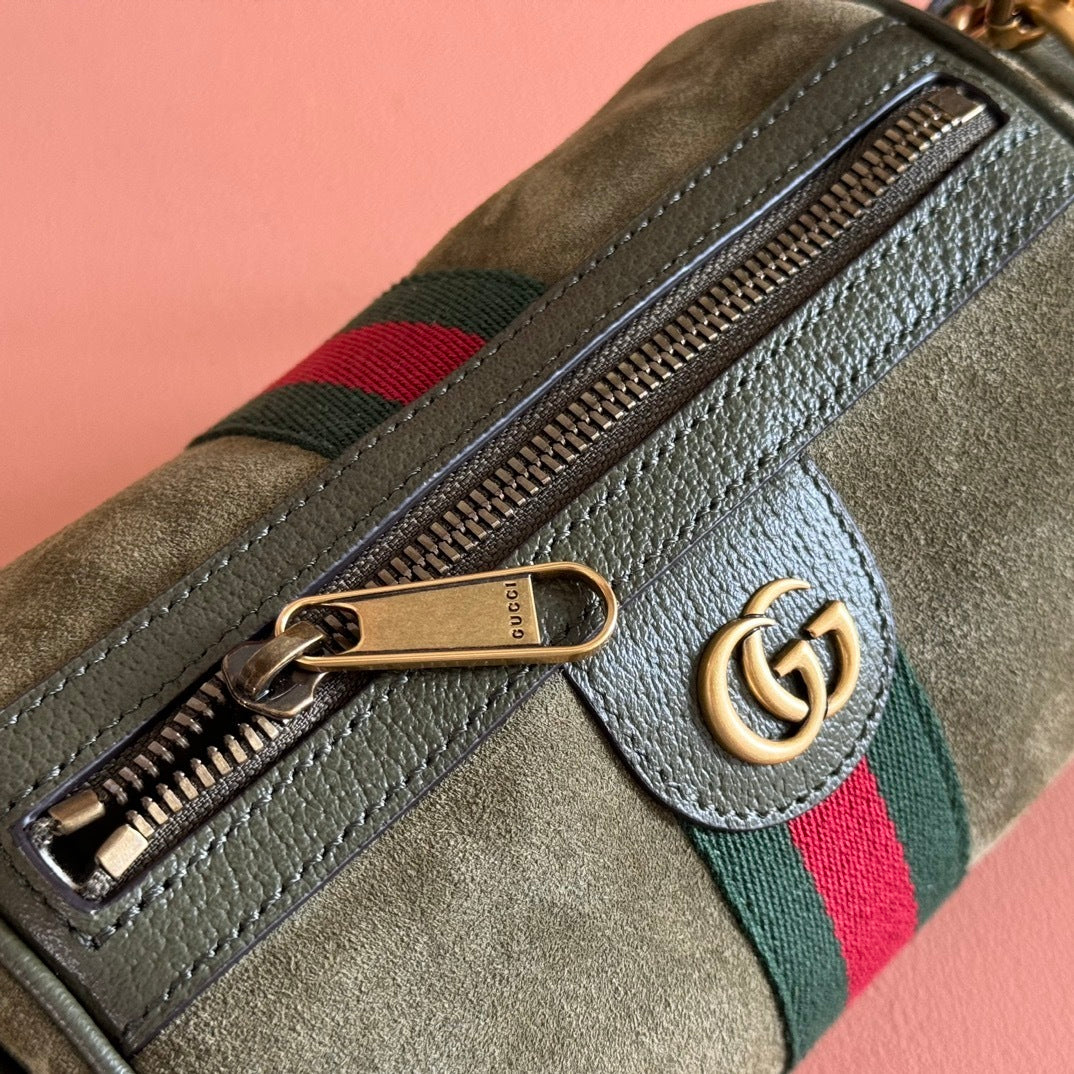 Gucci Ophidia Mini Bag in Olive Green Suede with Web Stripe