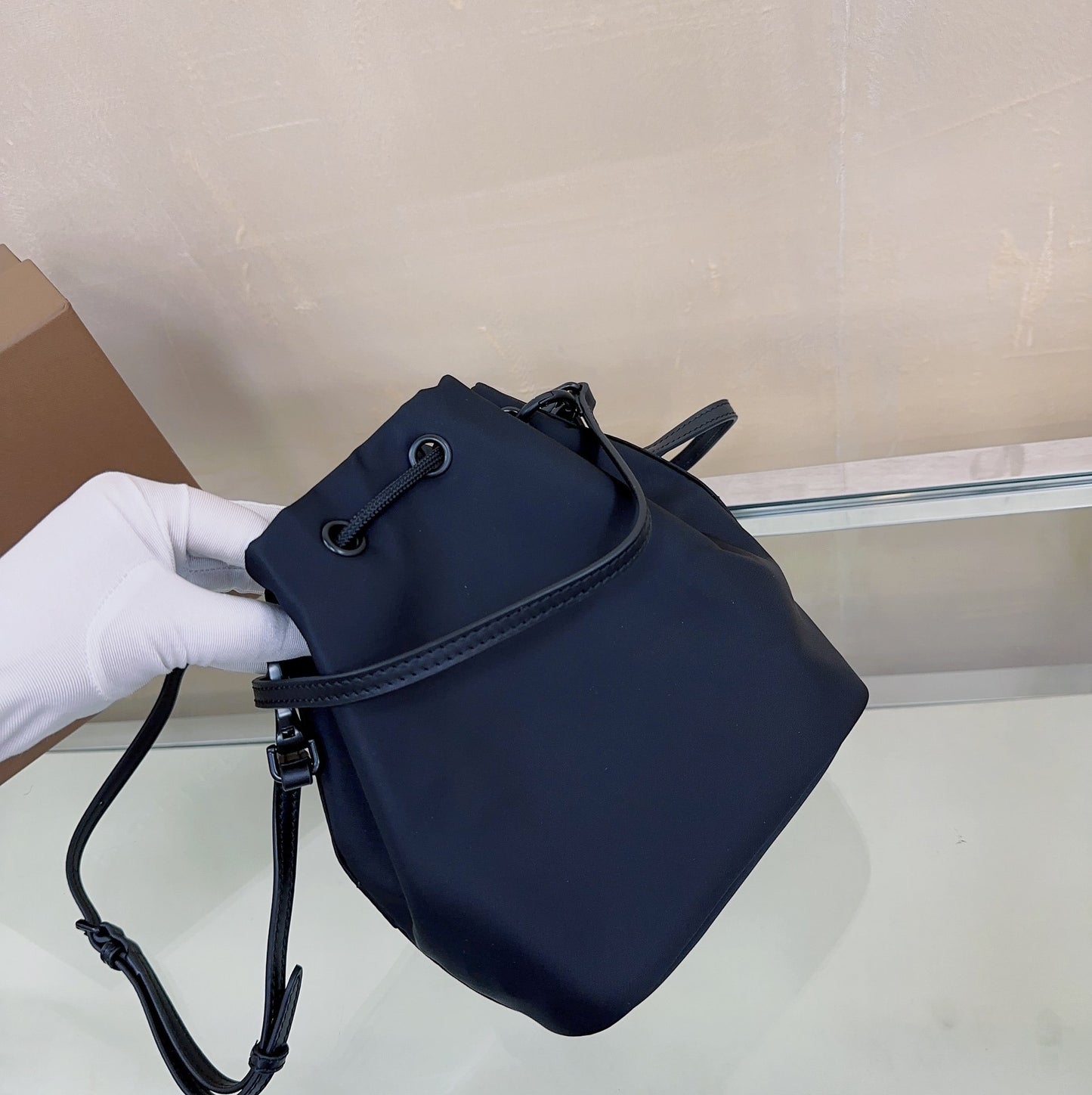 Burberry Phoebe Bucket Bag in Black Technical Nylon with White Logo Print