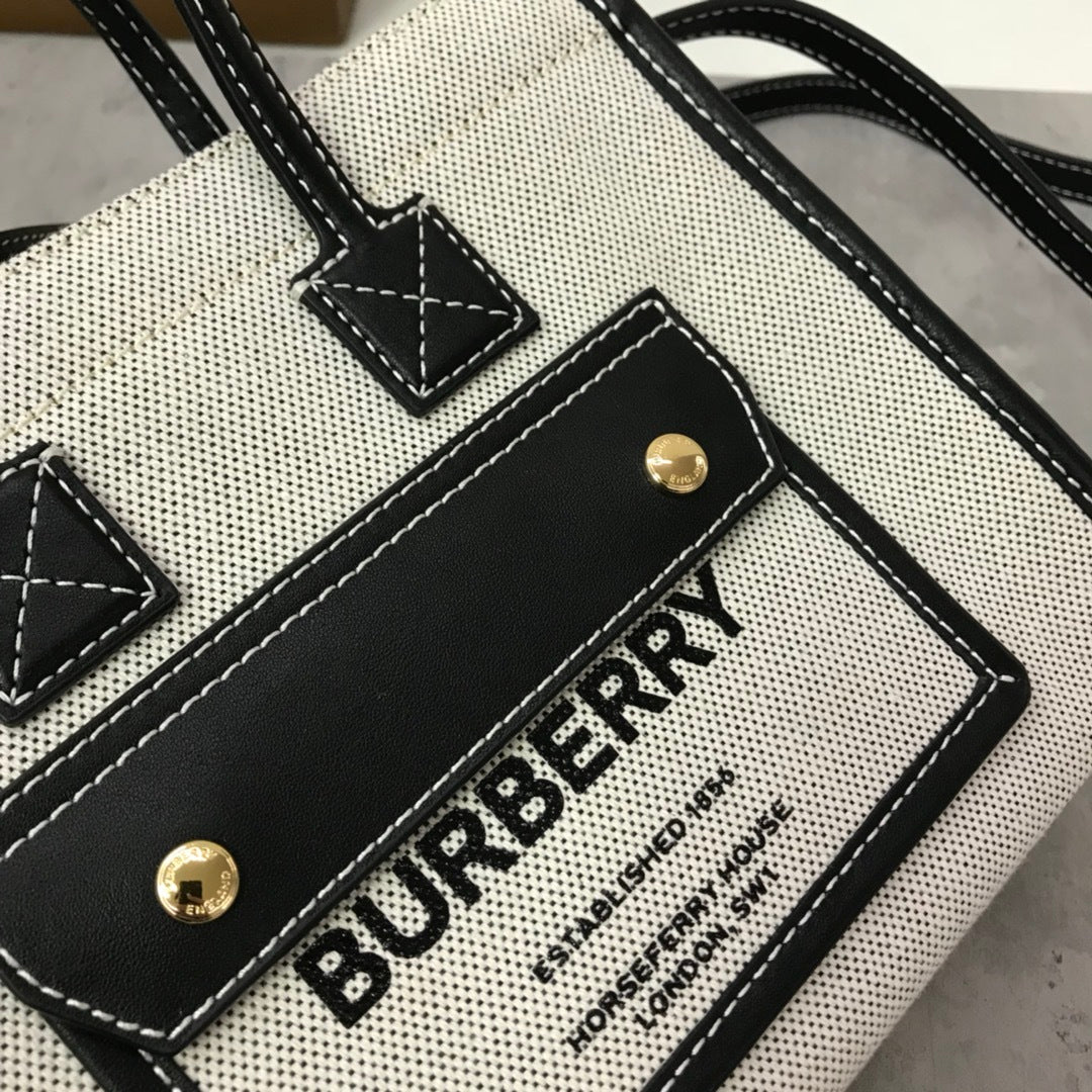 Burberry Mini Freya Tote Bag Two-Tone Canvas & Leather Handbag