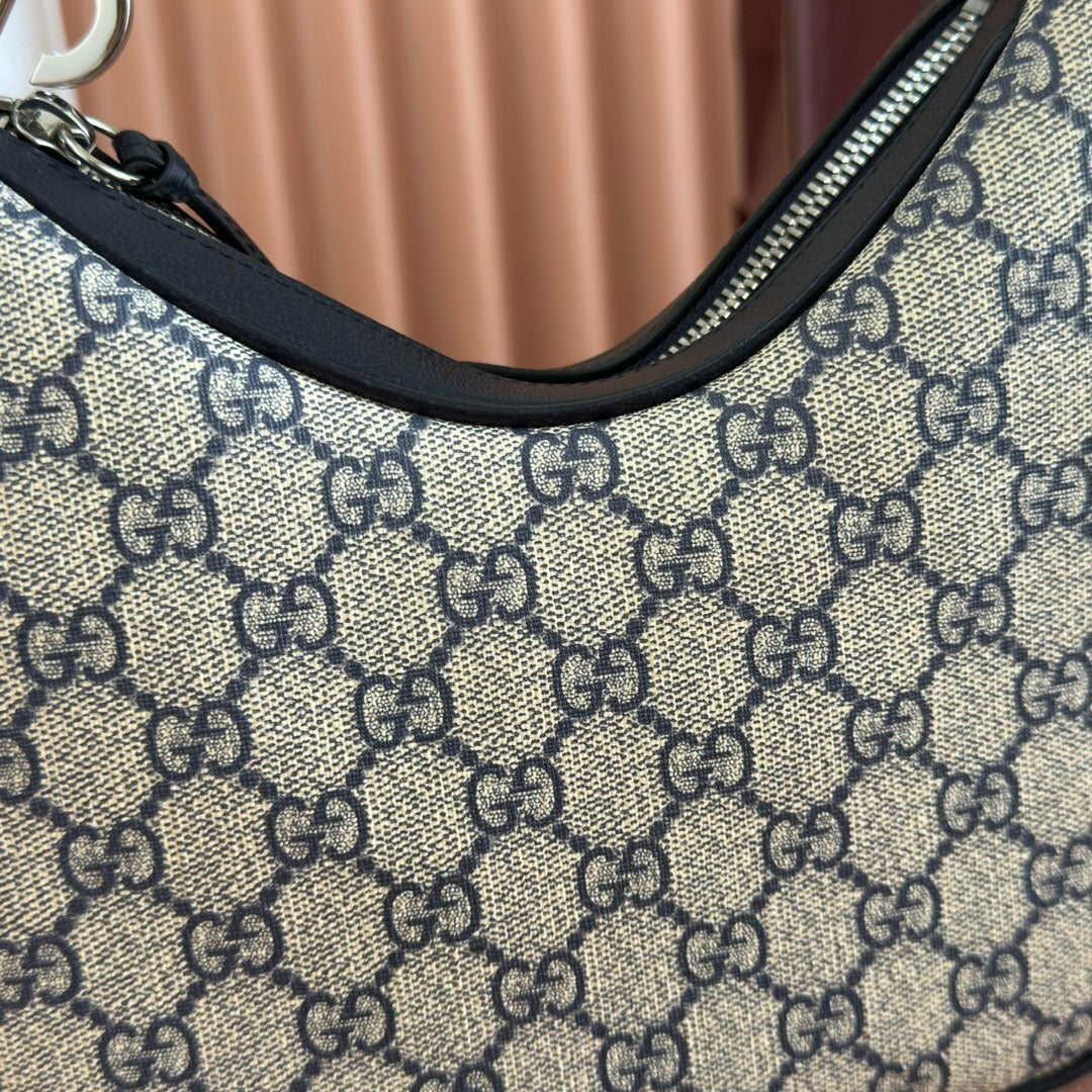 Gucci Attache Small Shoulder Bag in Beige GG Supreme Canvas with Blue Leather Trim