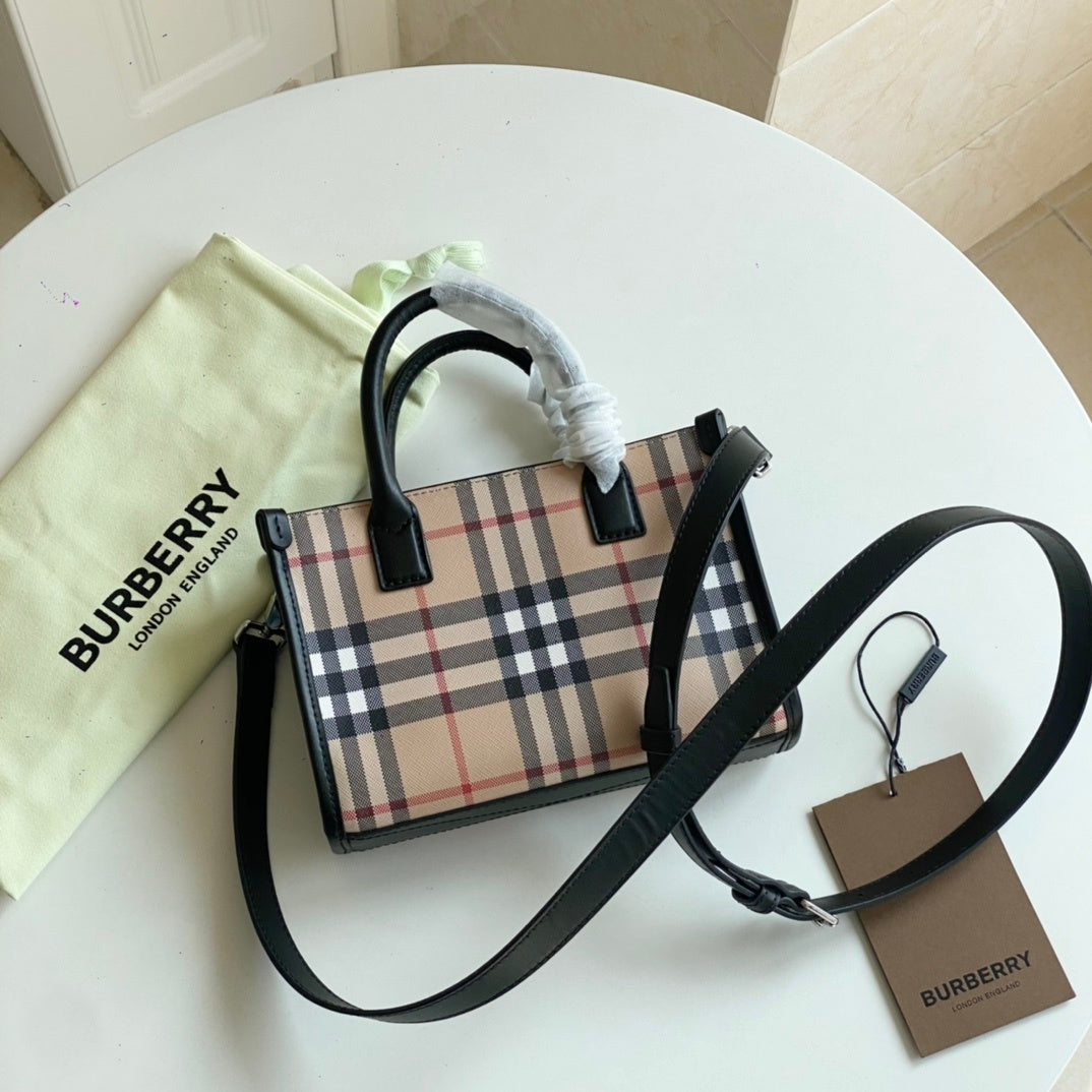 Burberry Mini Vintage Check & Leather Tote Archive Beige Luxury Bag