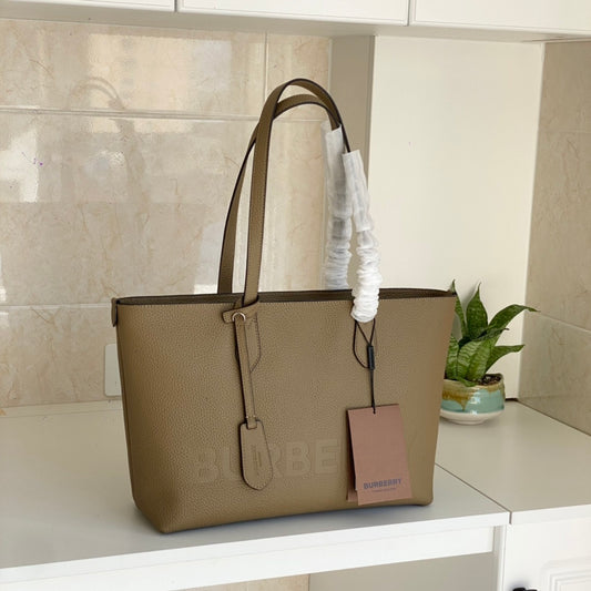 Burberry Tan Leather Tote Bag with Embossed Logo